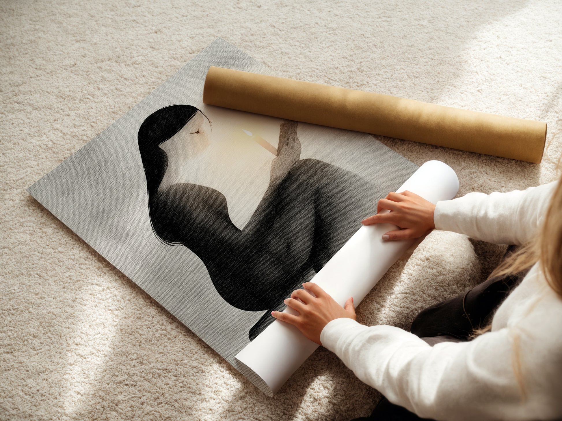 A woman rolling a fine art poster paper print of a minimalist woman reading. This high quality print is ready to be framed. Ideal for book enthusiasts and those seeking refined monochrome wall decor.