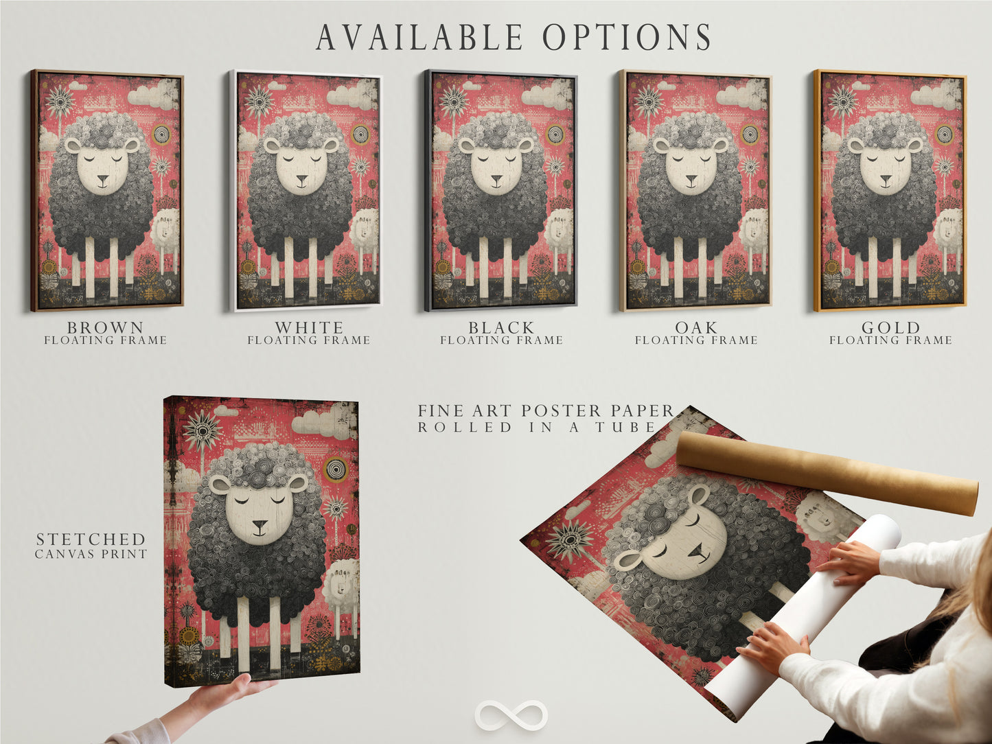 Available options for art prints are displayed. This includes a stretched canvas print. It also includes a fine art poster paper. A floating frame option is available. This allows customers to customize their artwork.