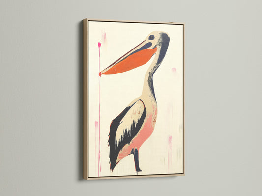 Pelican artwork is displayed in an oak frame. The oak frame adds warmth. It enhances the artwork's natural tones. Perfect for adding a touch of rustic elegance to your home decor. This frame is a beautiful choice.