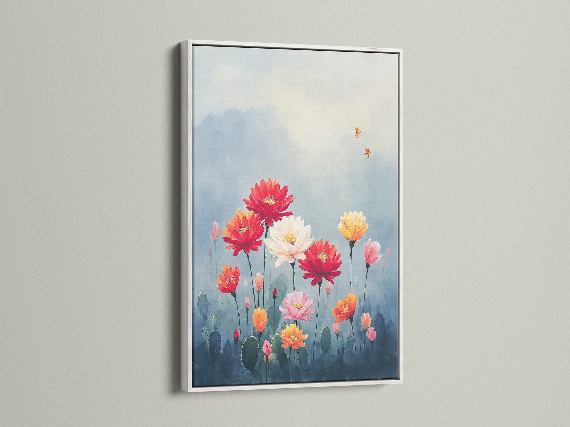 A floral garden artwork is displayed within a white frame. The artwork features colorful flowers like red white orange and pink. Botanical artwork adds a modern touch to any room. Perfect for bedrooms living rooms and more. The white frame offers a clean and contemporary feel.