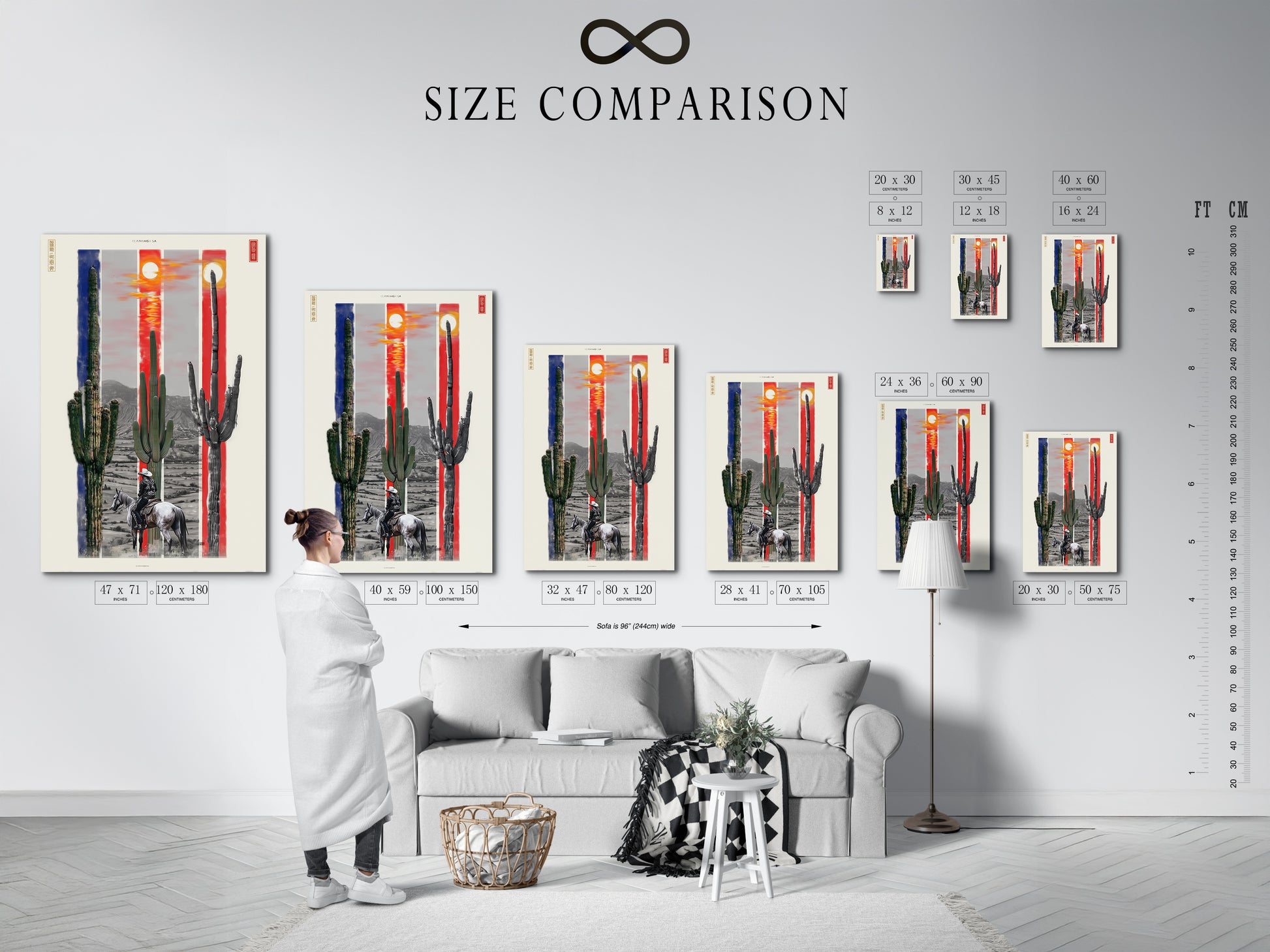 A size comparison chart in an interior setting. This shows various dimensions for desert cactus artwork. Visualize the perfect fit for your space. Choose from multiple sizes to suit your decor needs. Enhance your home with cowboy and southwestern art.