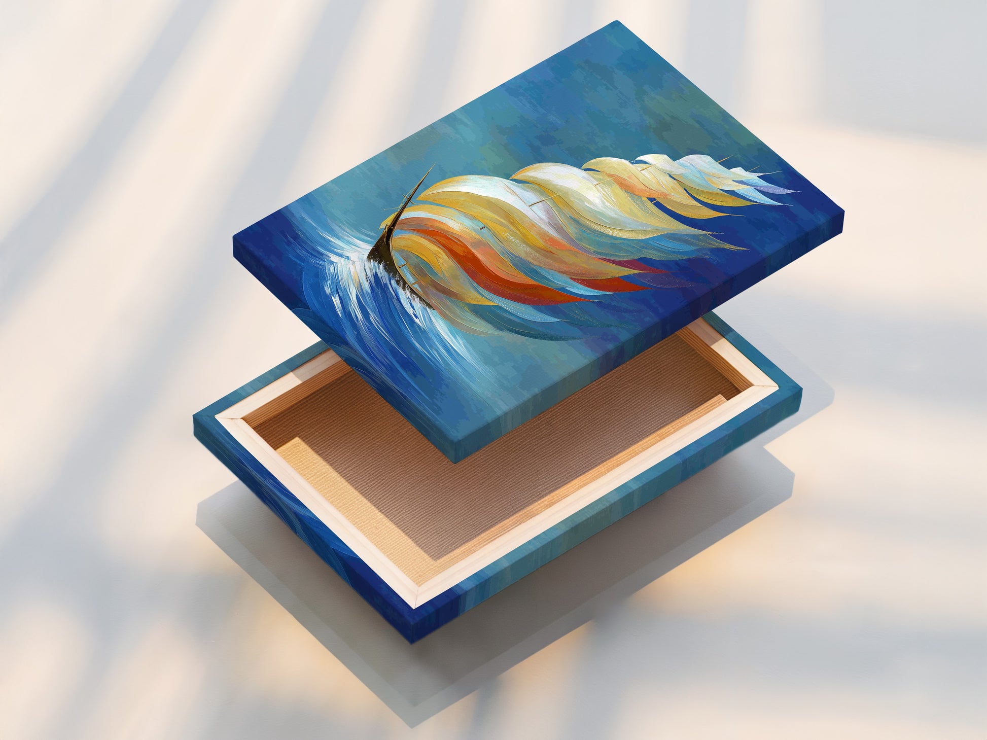 A stretched canvas print displays abstract sailboat artwork. The canvas texture enriches the nautical theme. This piece is ready to hang as coastal wall art. The stretched canvas provides a gallery-worthy look. Perfect for living rooms bedrooms or offices seeking ocean art.