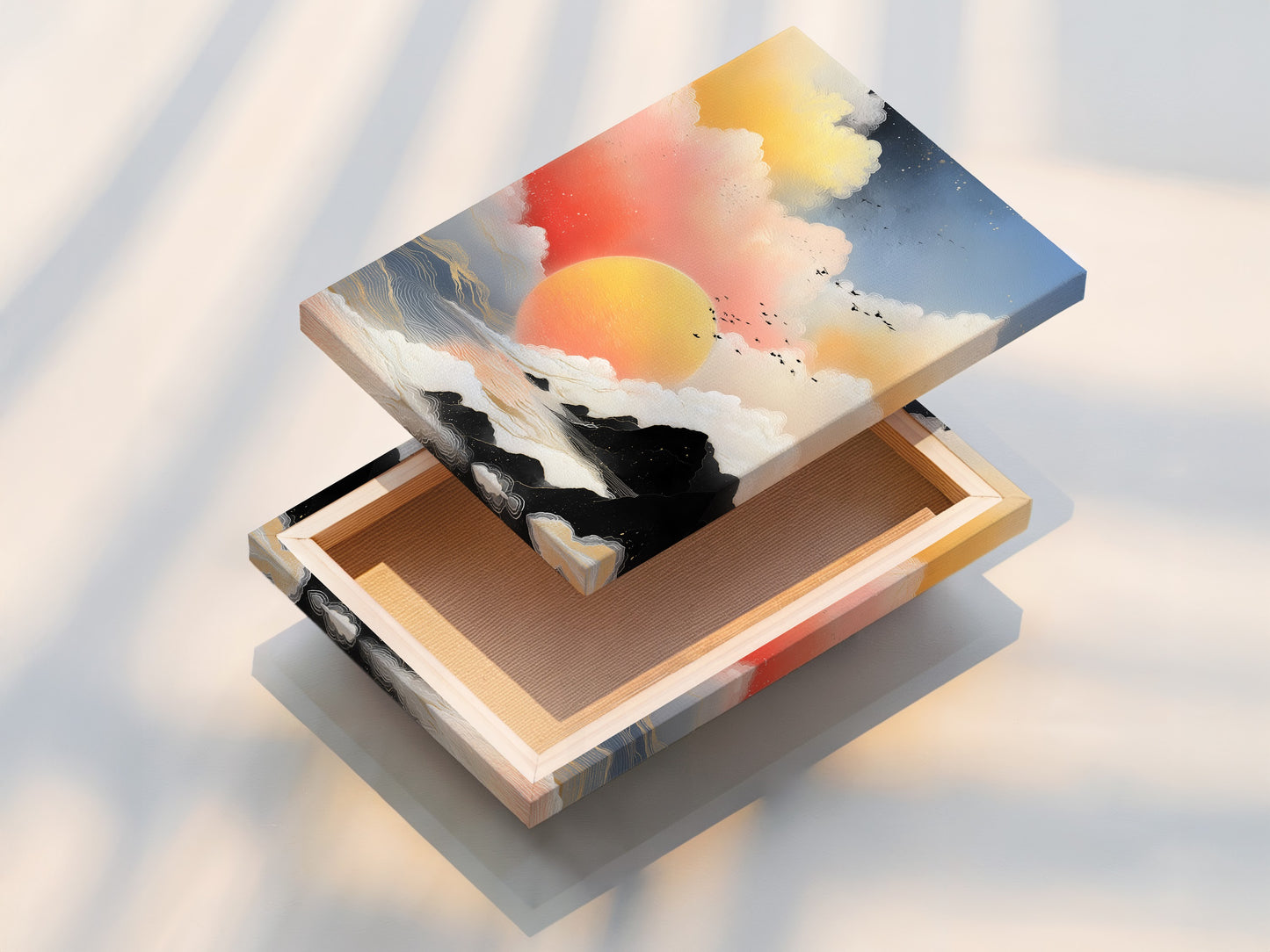 Stretched canvas print of Sunrise Seascape. This coastal wall art features an abstract cloudscape. The peach and teal artwork enhances any space. Perfect for living rooms bedrooms and entryways.