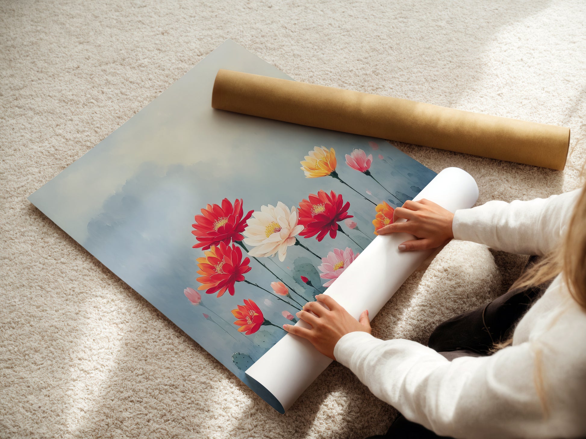 A woman is rolling a fine art poster paper featuring a floral garden artwork. The artwork features colorful flowers like red white orange and pink. Fine art posters are perfect for adding a botanical touch to your home or office. Choose from a variety of sizes.