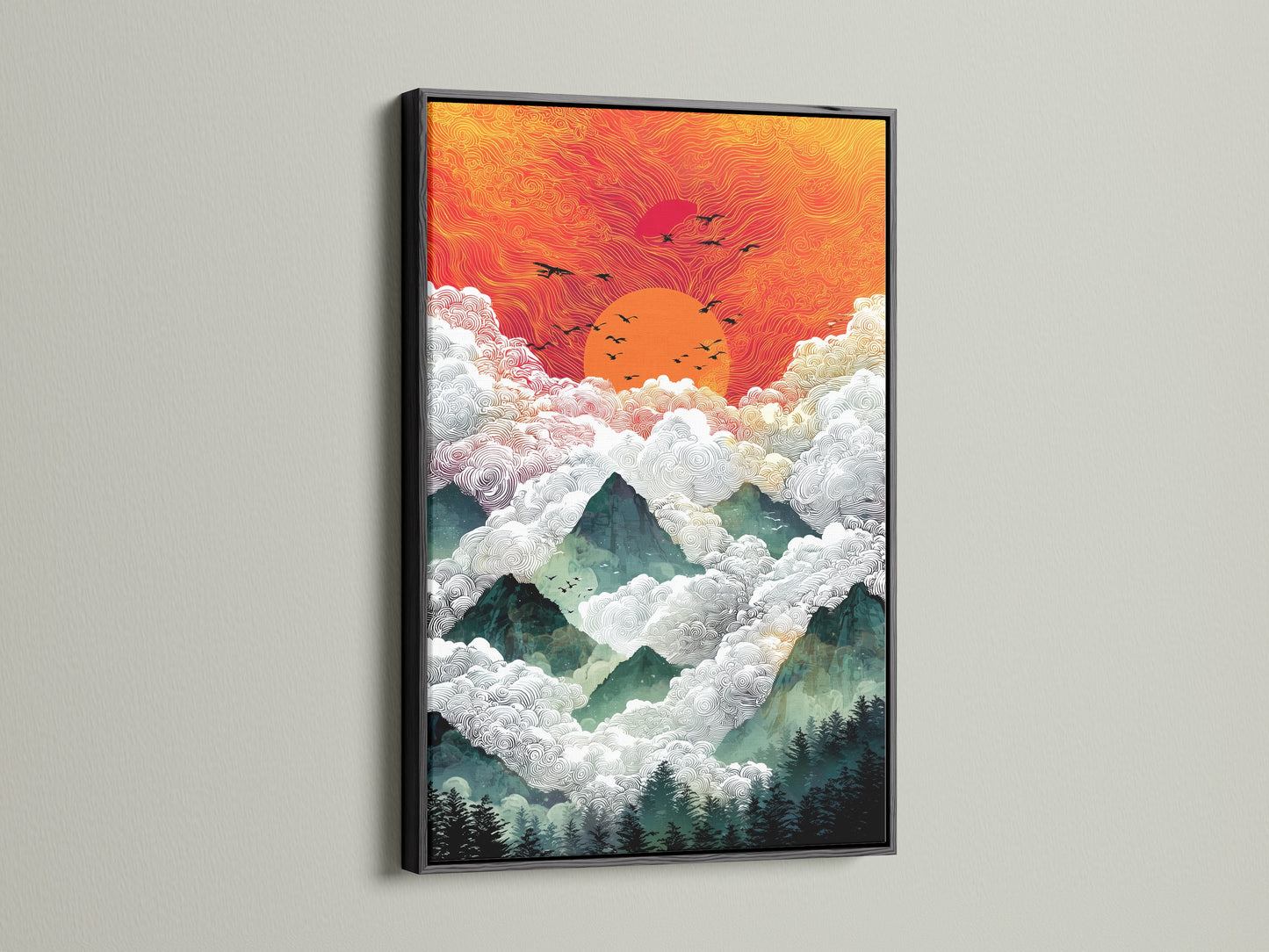 Sunrise Mountain canvas print in a sleek black frame. This abstract landscape wall art is ideal for a modern bedroom. The bohemian decor adds a unique touch. This mountain art captures a serene sunrise print. Forest wall art brings nature indoors. The orange art print complements any contemporary space.