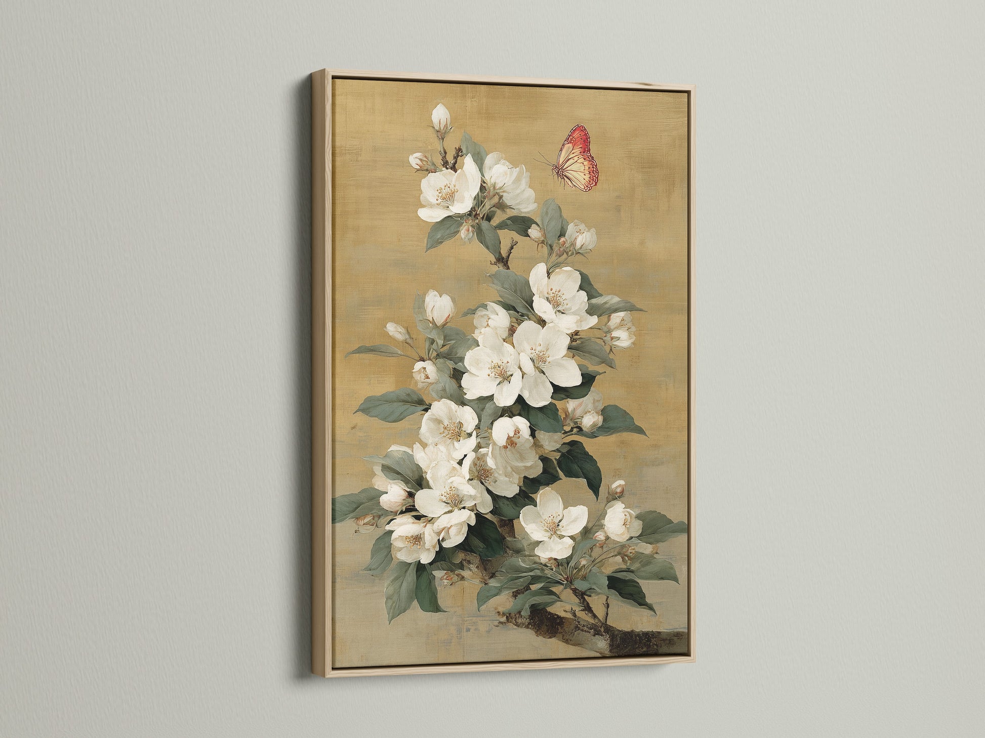 Vintage butterfly print on canvas in an oak frame. The white flower artwork is perfect for adding a touch of nature to your home. This botanical canvas art complements vintage farmhouse traditional or eclectic styles. Shop now for bedroom art and nature wall decor.