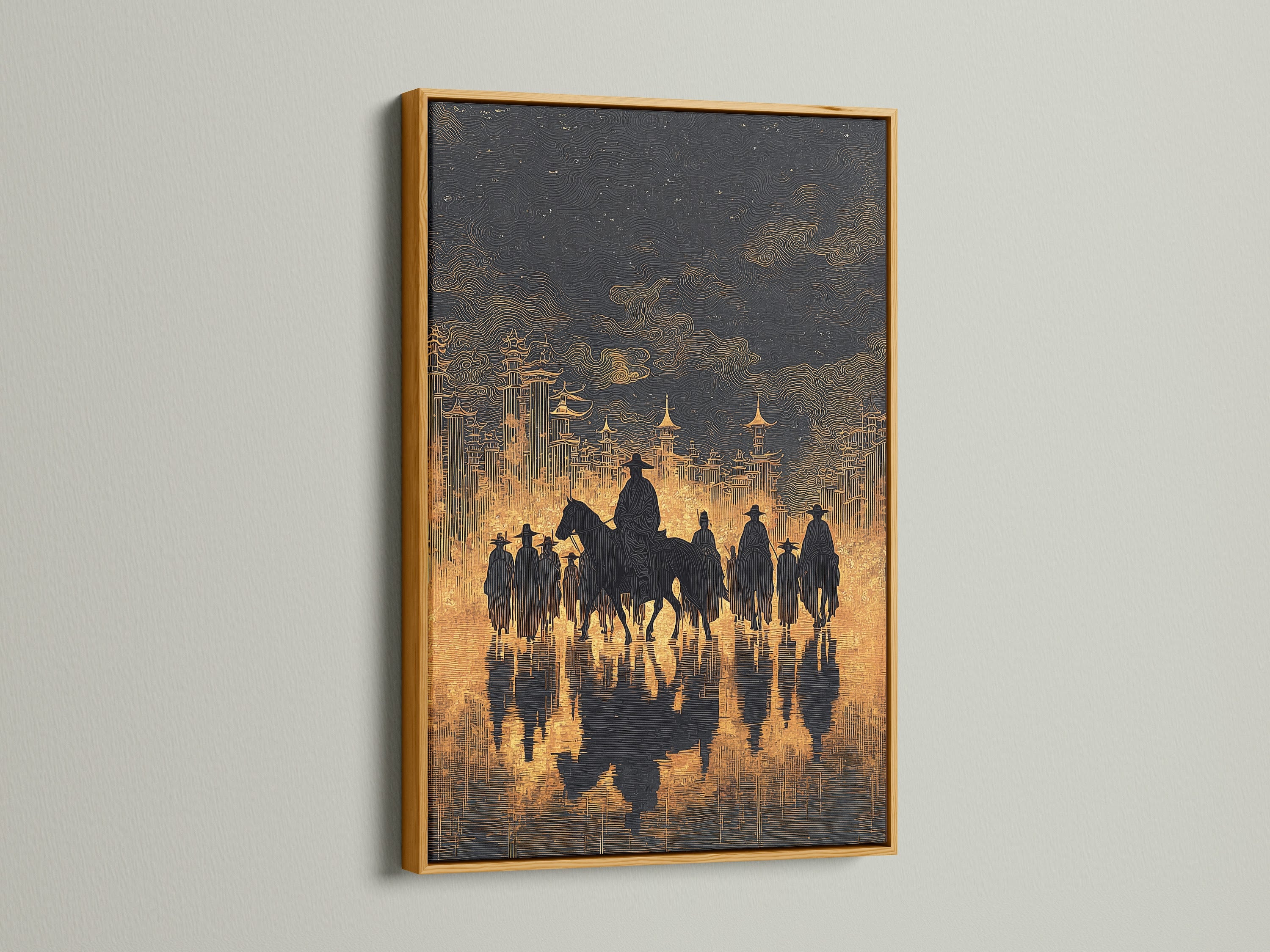Western Cowboys Canvas Print framed in gold. This is the ultimate in western wall art. The artwork will complement rustic farmhouse industrial or eclectic styles. This canvas print is amazing.