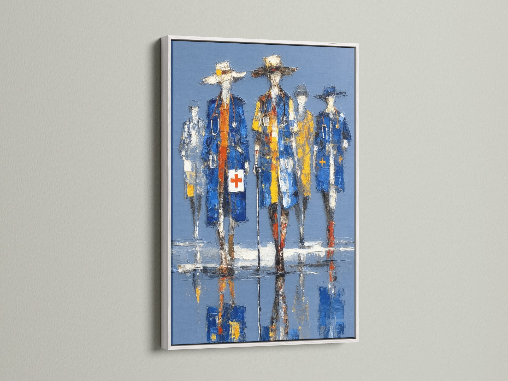 White frame highlights medical heroes artwork. The doctor canvas print adds sophistication. The abstract medical art is perfect for hospital wall art. Healthcare artwork for clinics.