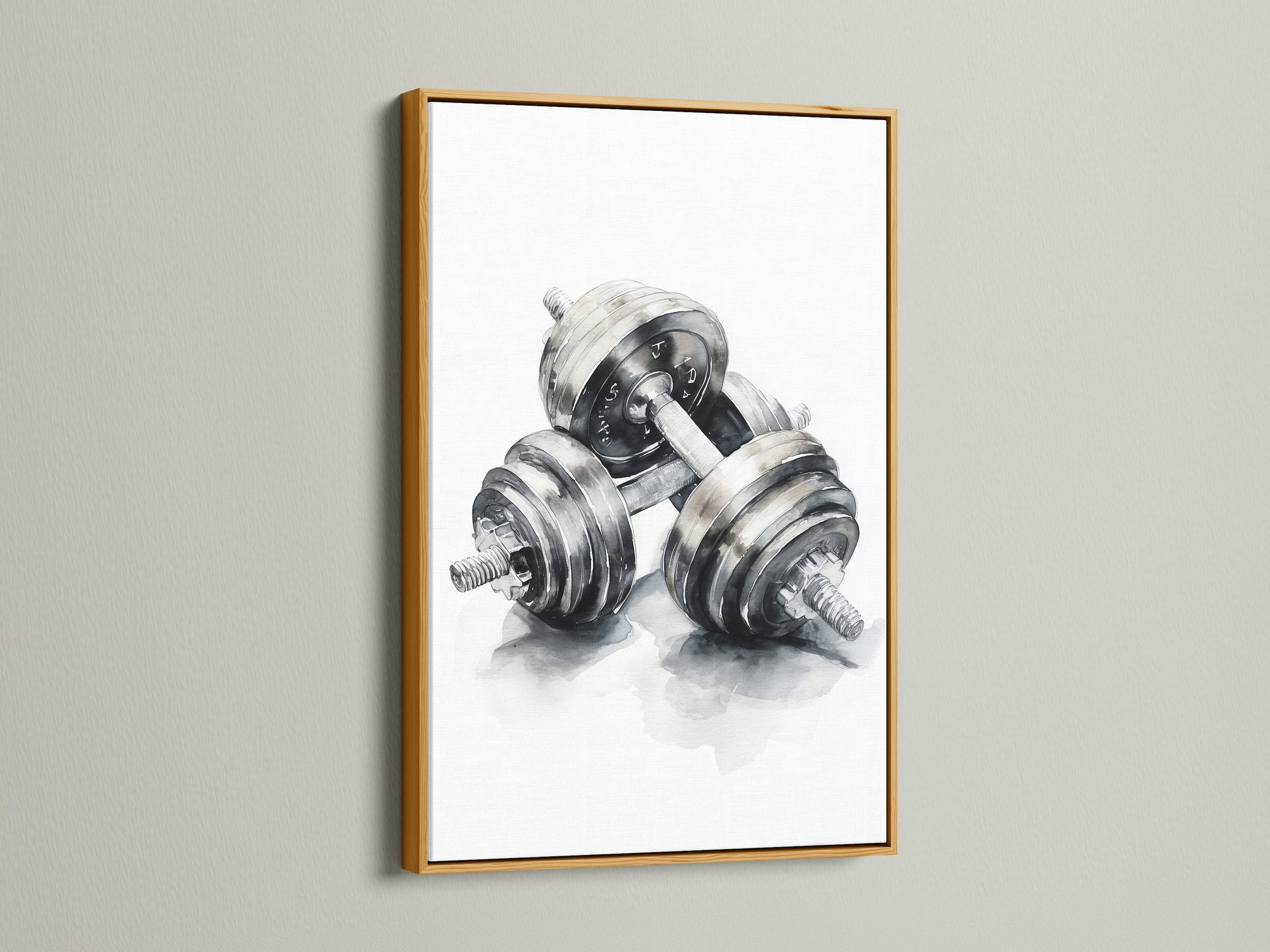 Artwork of dumbbells framed in a gold frame. The gold frame offers a luxurious touch. Elevate your artwork with a gold frame. It's a timeless choice to showcase artwork.