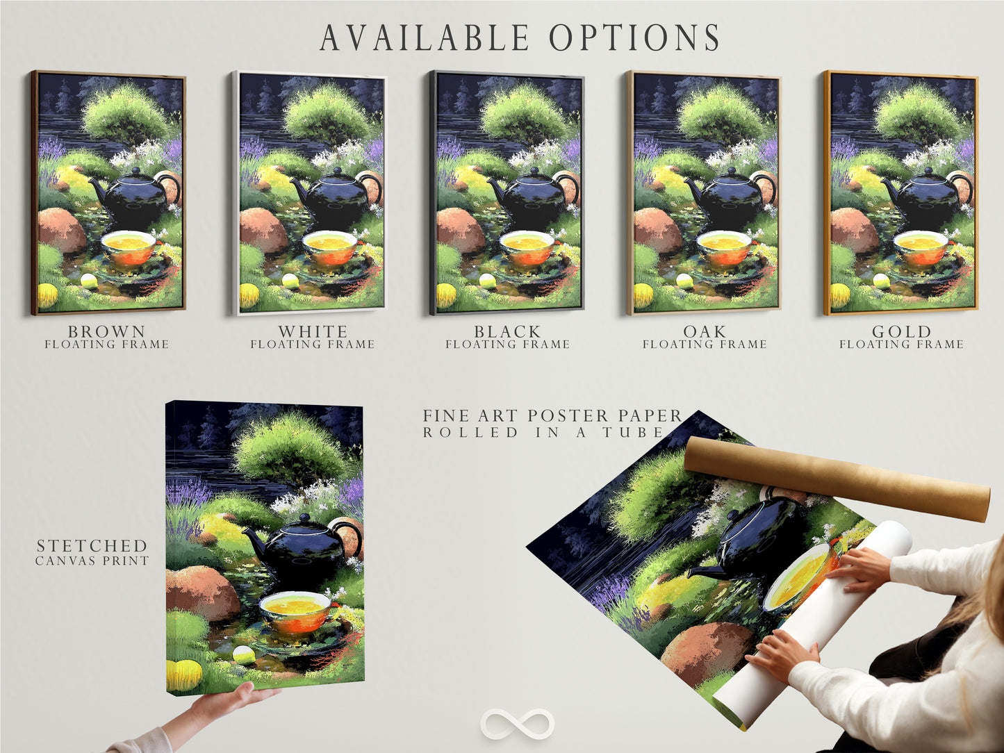 Discover the available options for the Tea Time Canvas Print. Choose from stretched canvas print fine art poster paper or a floating frame. This botanical art is perfect for any space. Enhance your home with this calming garden scene and tea kettle art designed for tea lovers.