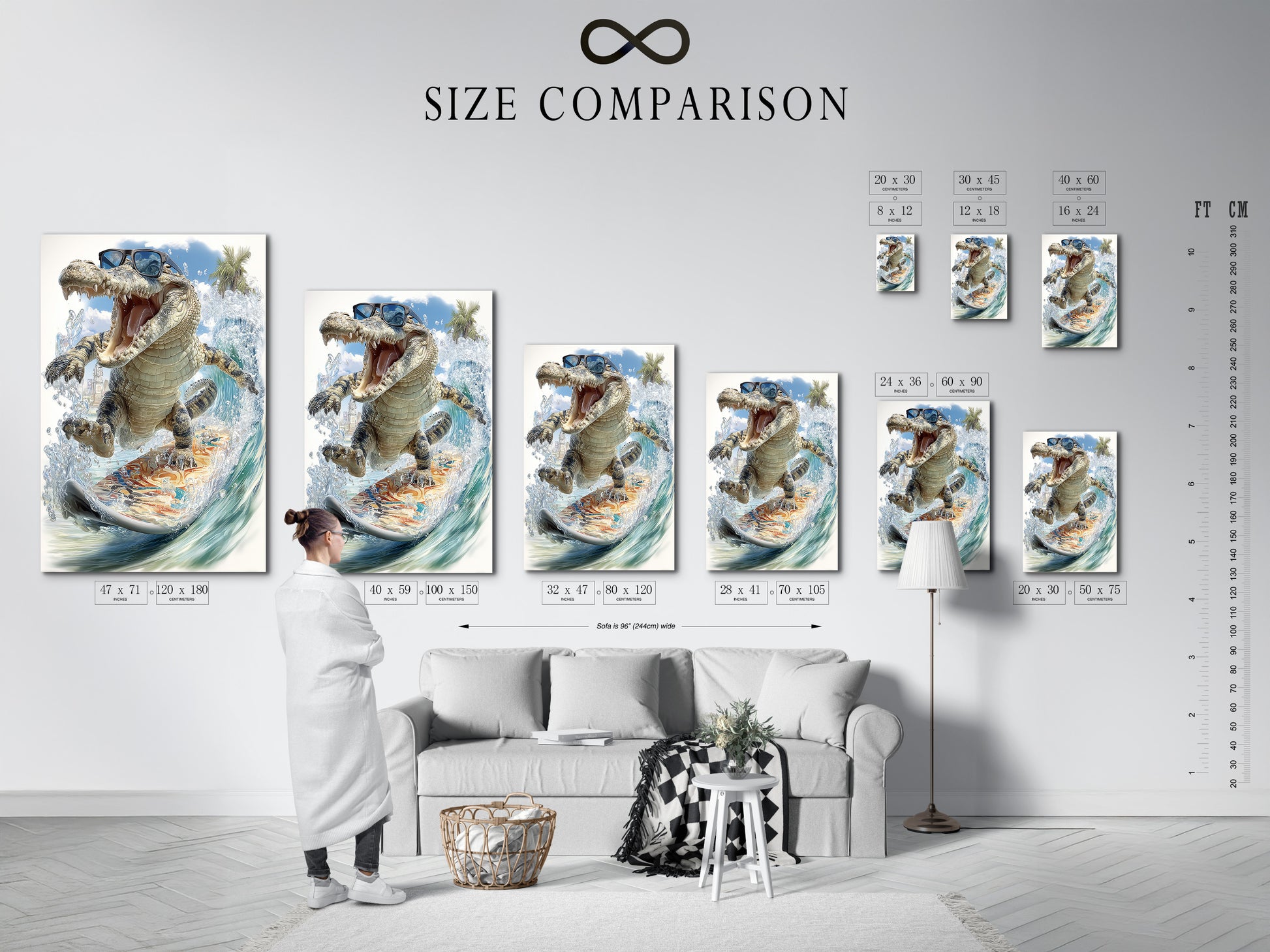 Size comparison chart in an interior setting featuring the alligator art. This cool animal print is on a tropical canvas. The funny animal art makes great beach house decor and is perfect for a kids room adding character.