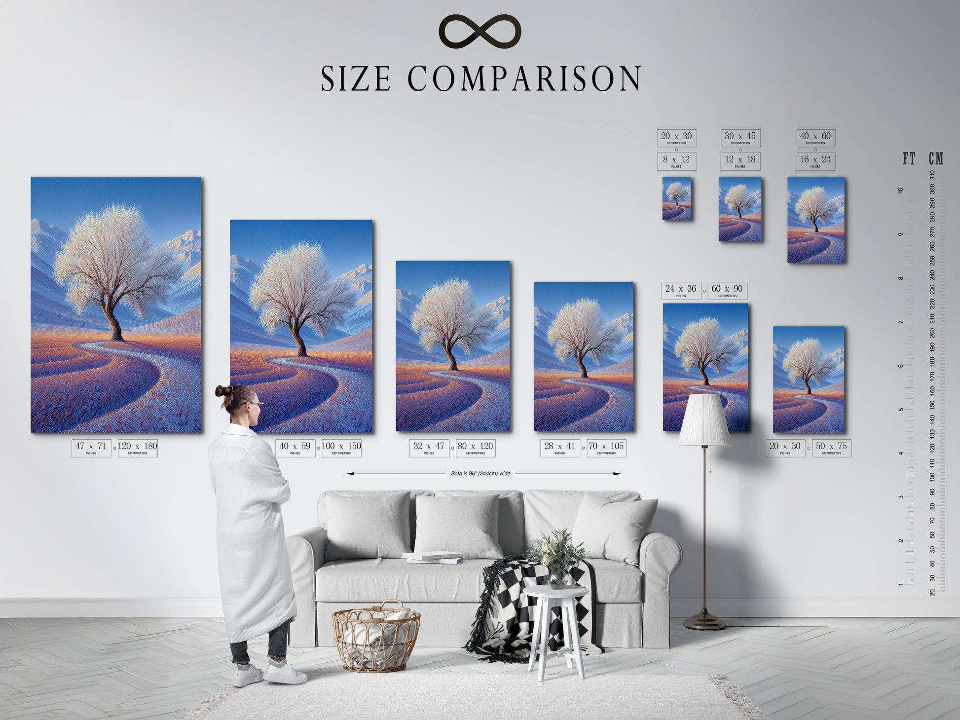 A size comparison chart is displayed in an interior. The chart helps visualize artwork dimensions. Choose the perfect size for your space. See how different sizes fit on a wall. Plan your art arrangement effectively.