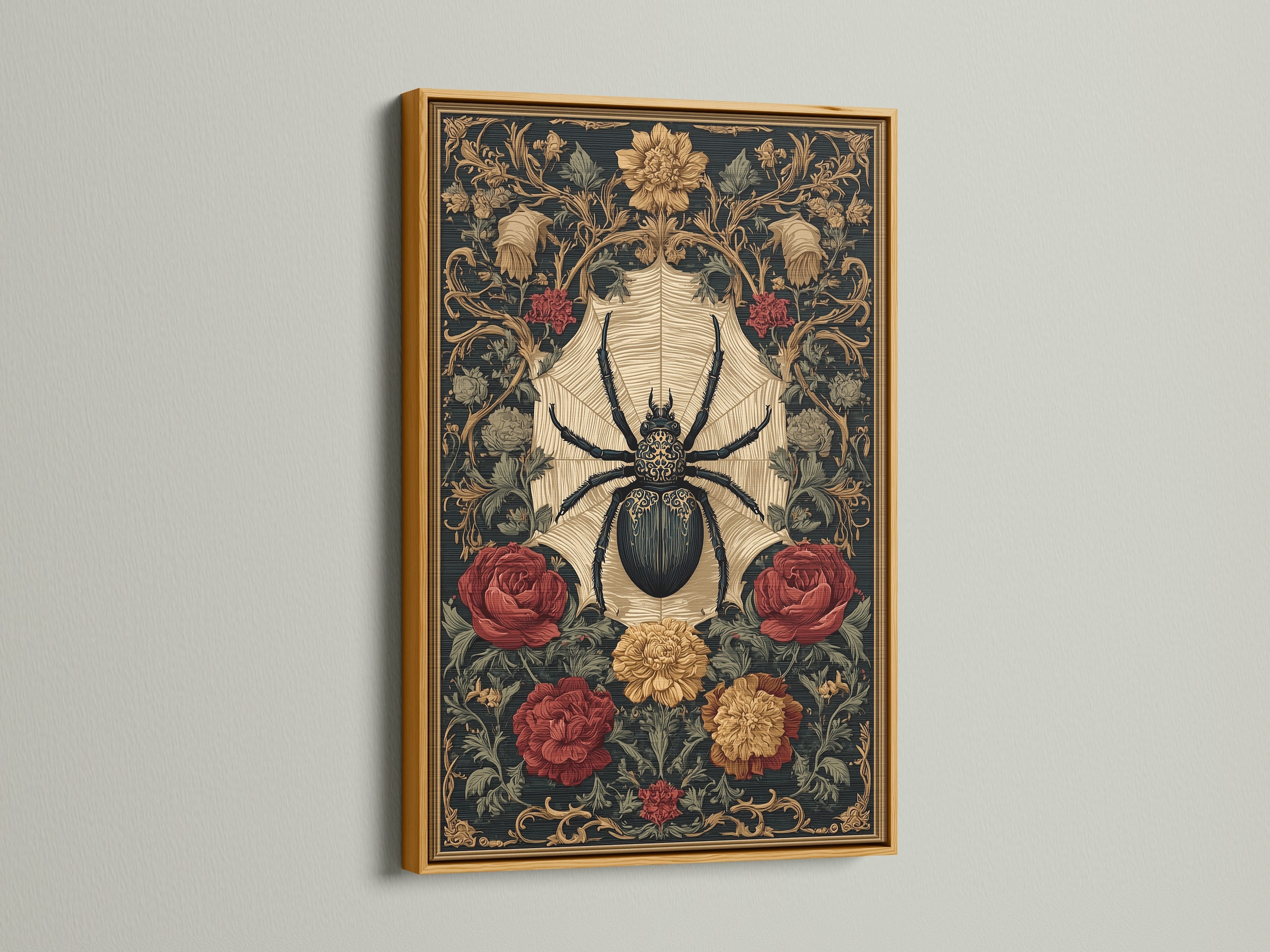 Framed artwork with a spider and floral pattern in a gold frame. The gold frame adds a touch of luxury and elegance. This artwork brings a sophisticated flair to your home. Perfect for adding a hint of glamour. Enhance any room with this stunning piece.