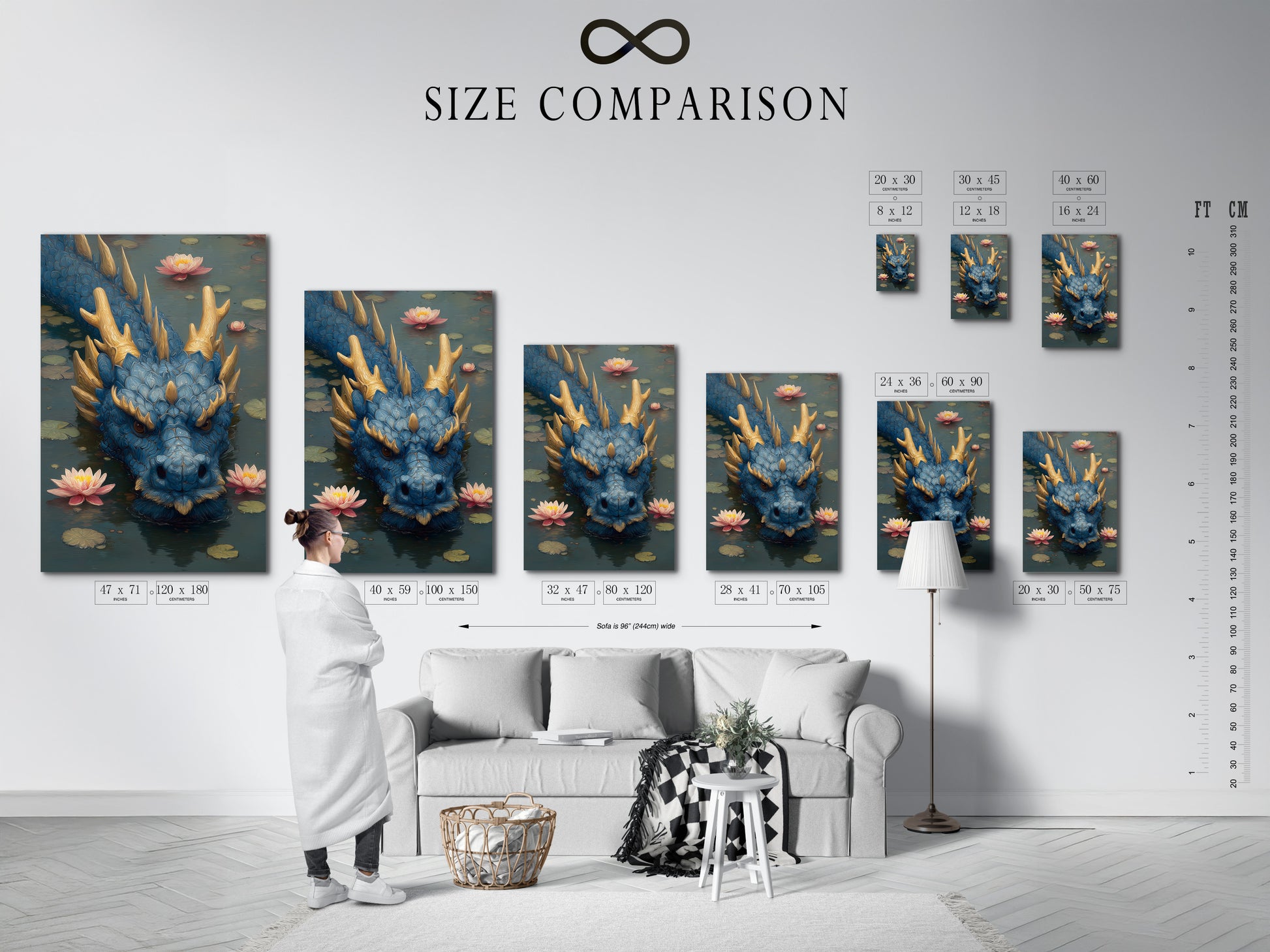 An interior view showing a size comparison chart for art prints. The chart helps visualize art dimensions in a living space. Find the ideal size for your artwork. Choose the perfect art size to complement your home decor.