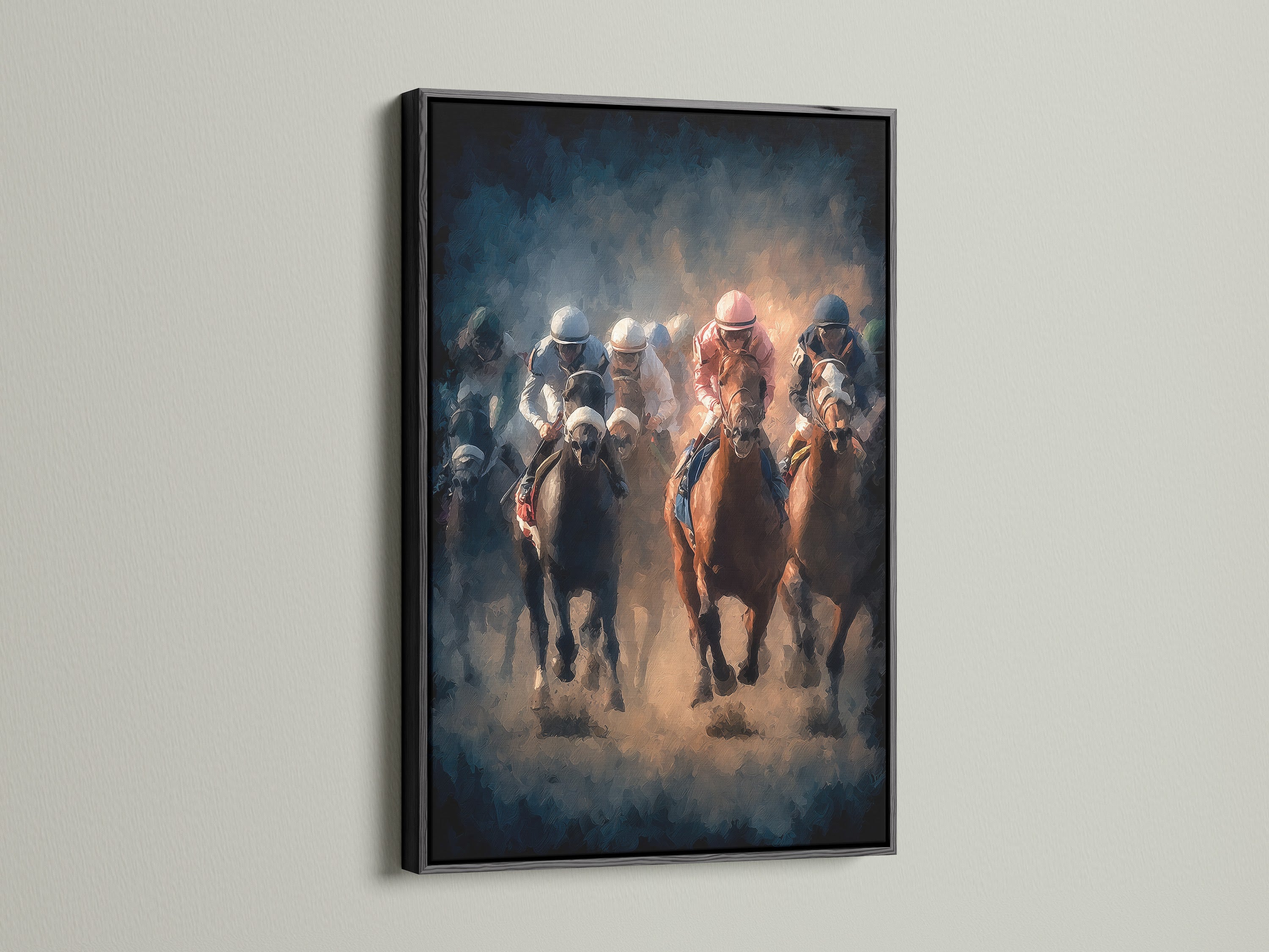 Artwork of horse racing framed in a black frame. The artwork shows horses and jockeys in a competitive race. The black frame provides a bold and classic touch. Perfect wall art for any room