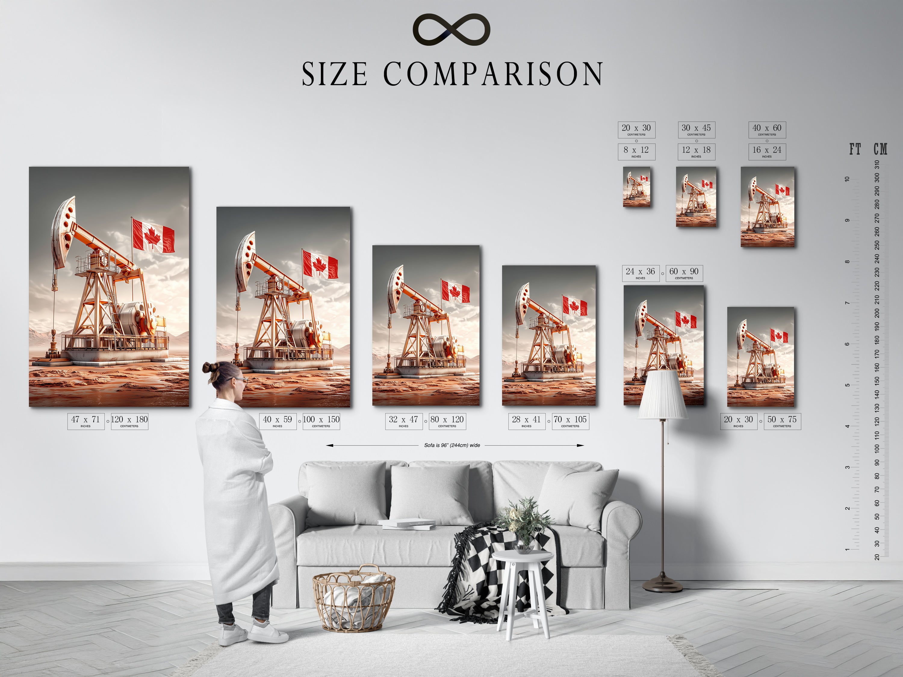 Size Comparison Chart in Interior showcasing various sizes of the oil rig art. Visualize the perfect fit for your space. Choose the ideal size for your office wall art. See how the artwork looks in different room settings.