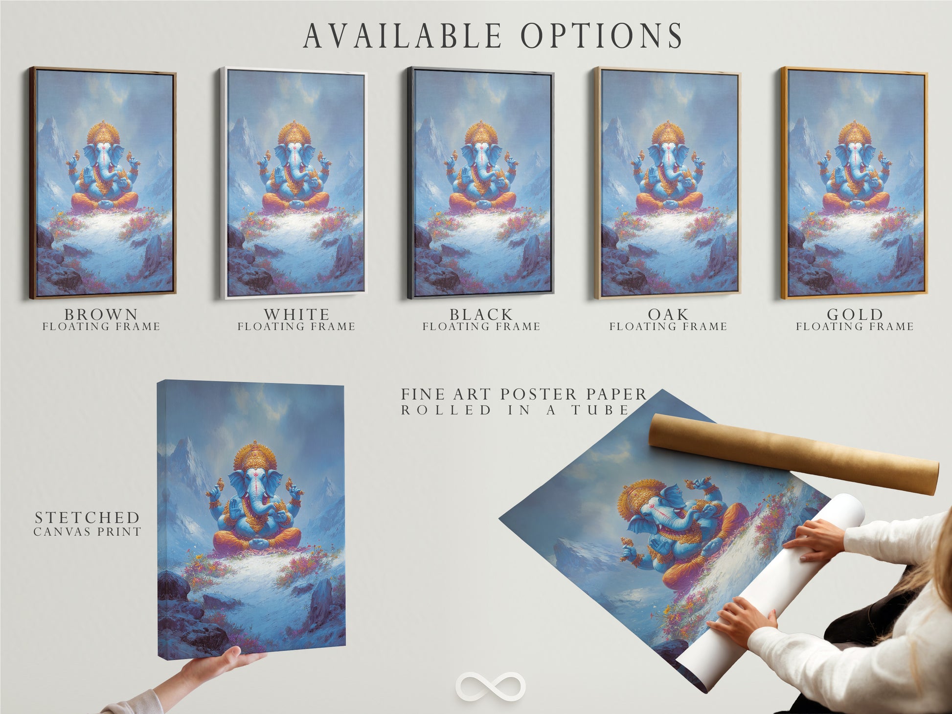 Explore available options for Ganesha artwork. Choose from a stretched canvas print. Consider fine art poster paper or a floating frame. Elevate your meditation room with spiritual wall art. Perfect for yoga studio decor too.