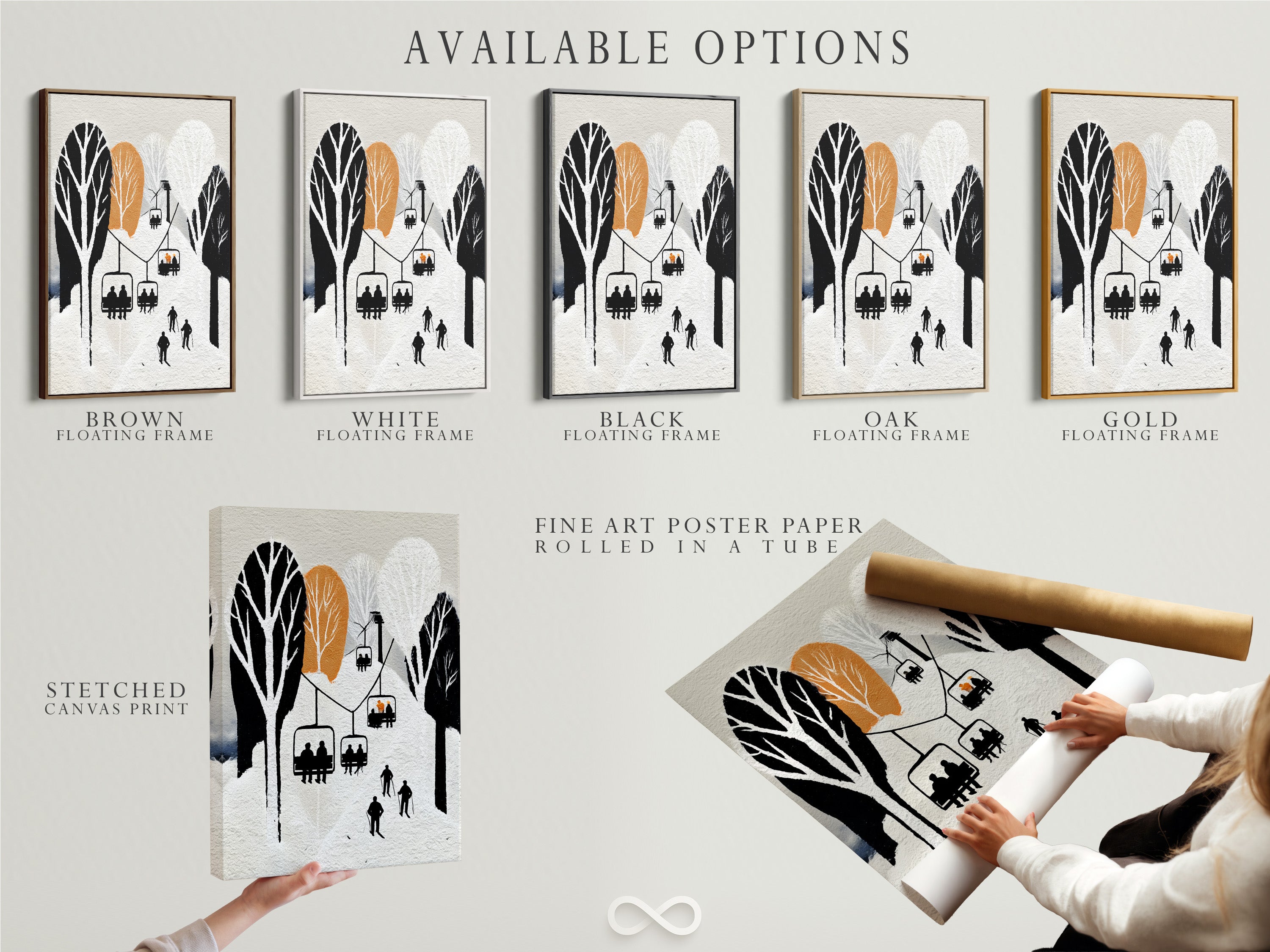 Available options are showcased including a stretched canvas print fine art poster paper and a floating frame for a ski lift artwork. Winter mountain wall art brings a vintage ski resort poster to cabin decor. The snowy alpine artwork complements lodge styles.