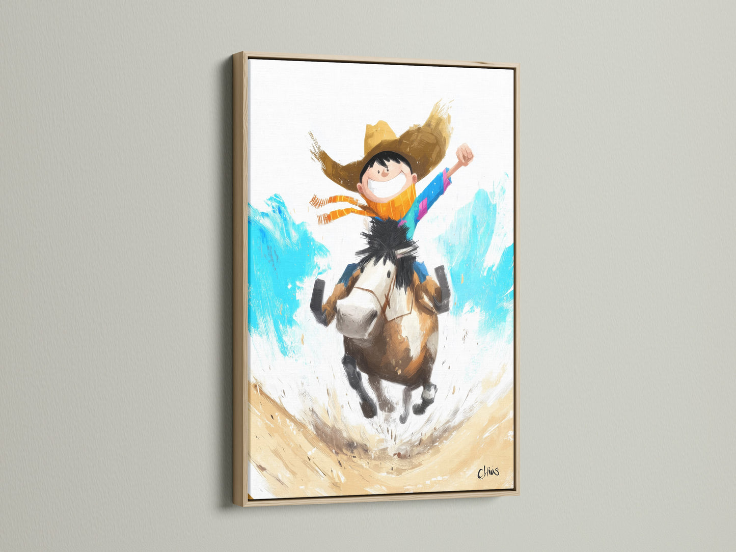 Boy Riding Horse Artwork inside an oak frame. This charming artwork brings a touch of the Wild West into any space. Ideal for kids' rooms or family areas. The oak frame complements the artwork's rustic style.