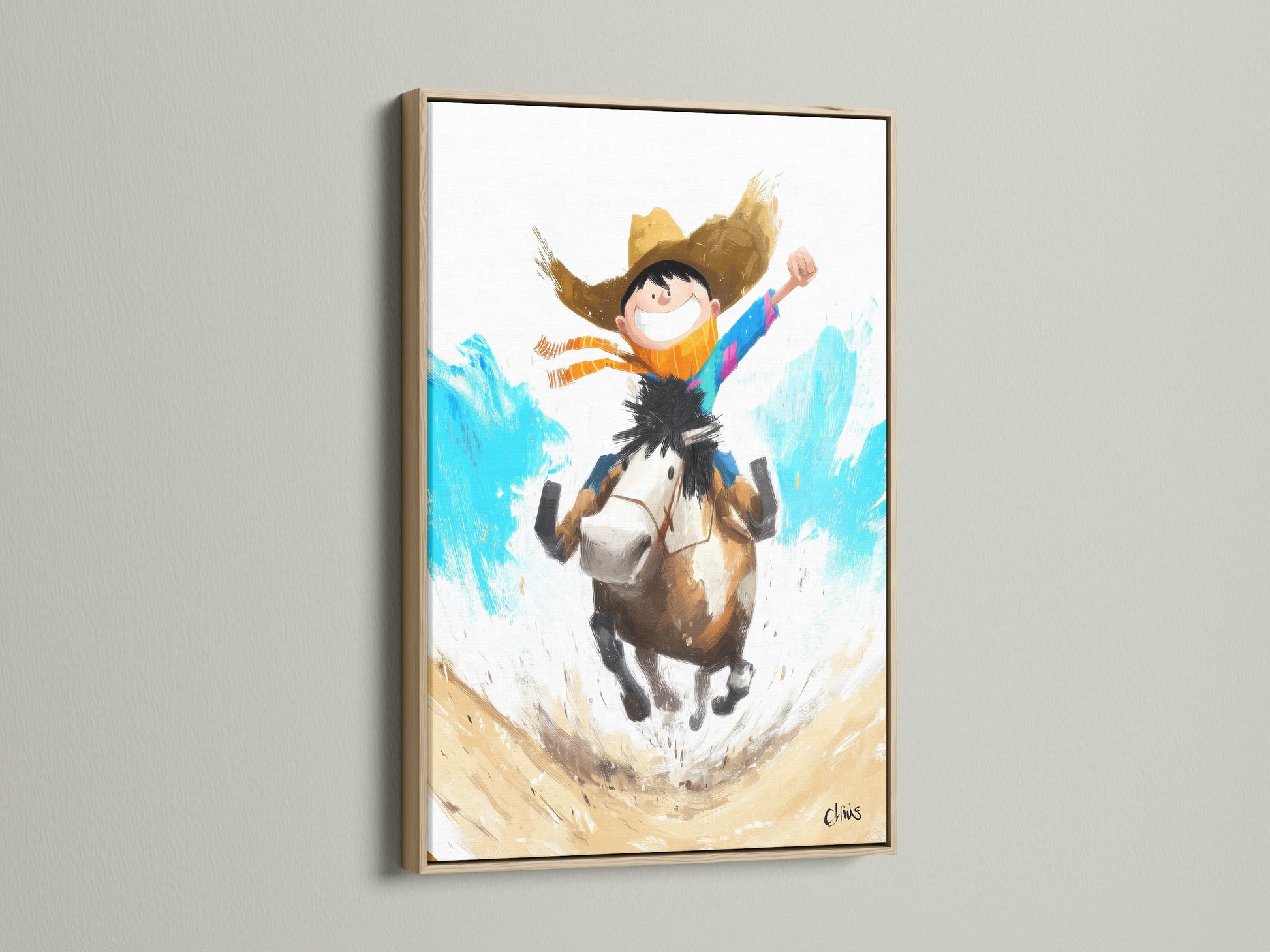 Boy Riding Horse Artwork inside an oak frame. This charming artwork brings a touch of the Wild West into any space. Ideal for kids' rooms or family areas. The oak frame complements the artwork's rustic style.