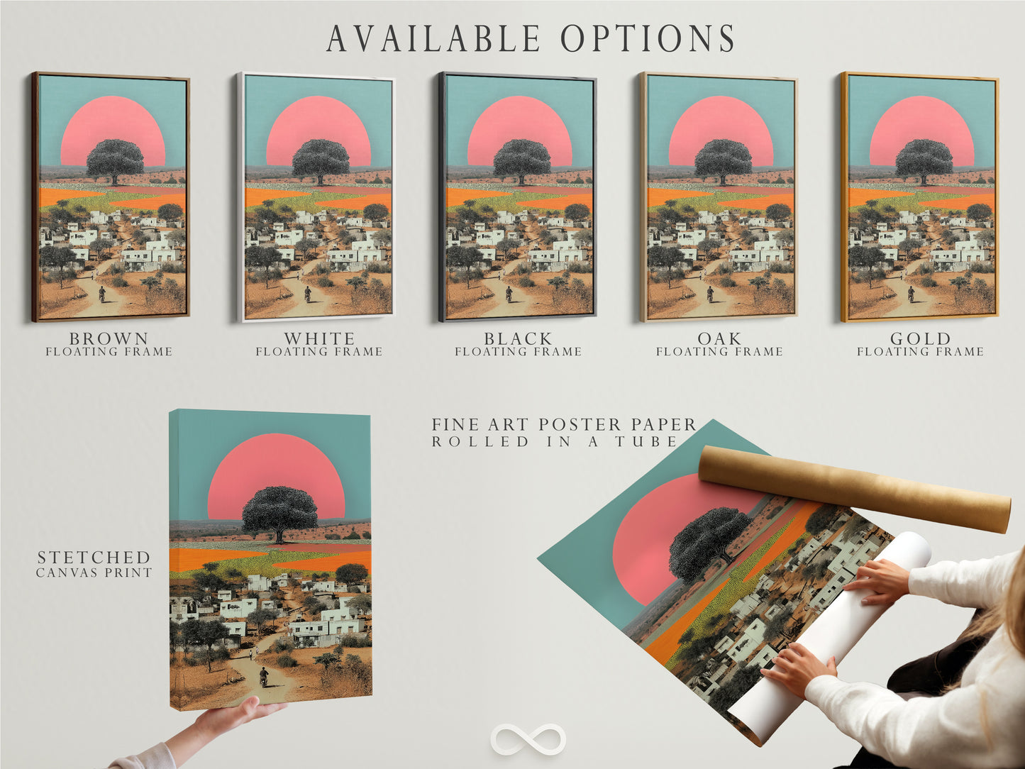 Available options for the Indian Village artwork are showcased. These include a stretched canvas print fine art poster paper and a floating frame. Customers can customize their artwork to match their personal style and decor preferences for global art.