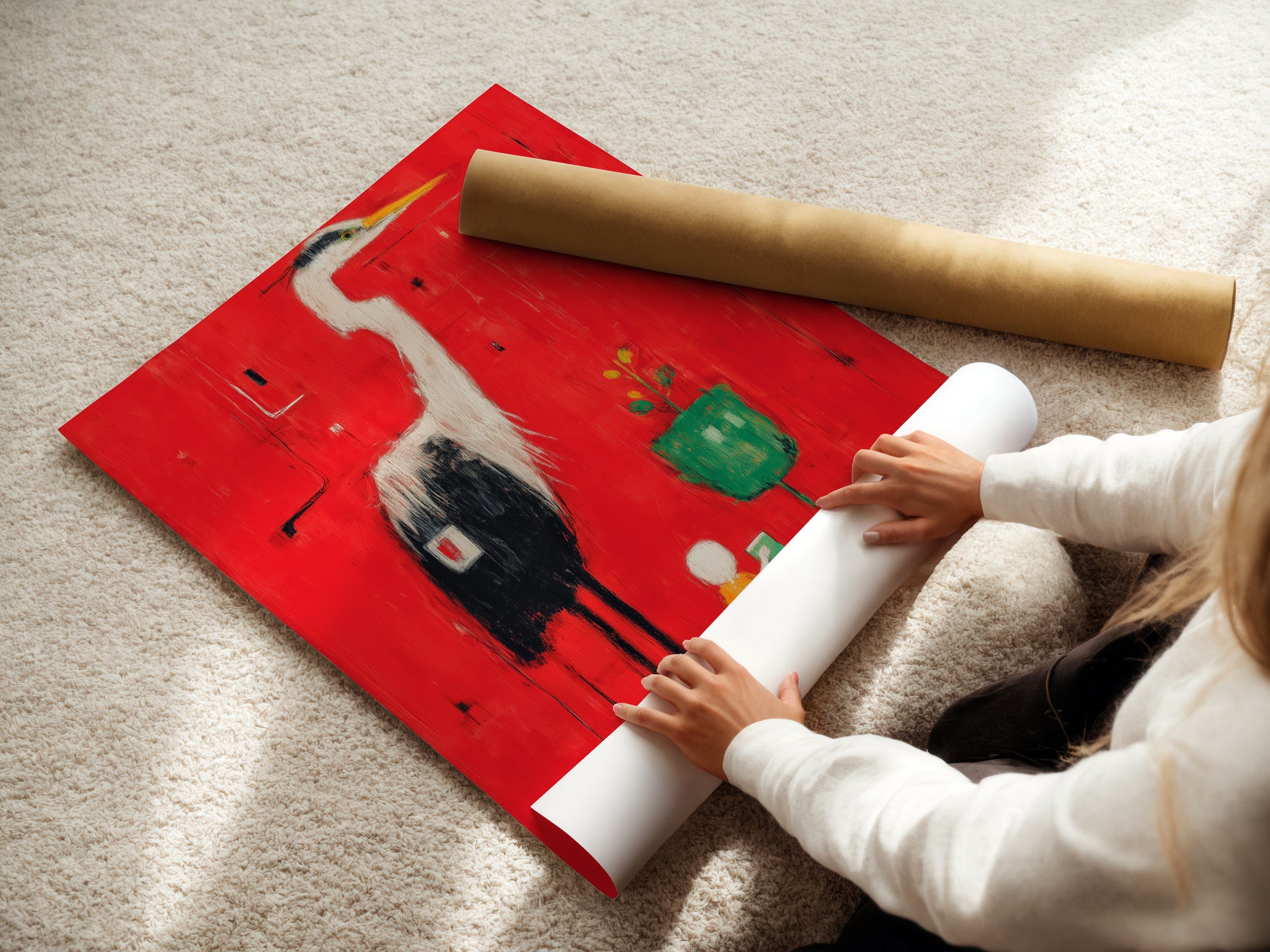 A woman carefully rolls a fine art poster paper featuring the Heron Art. This poster paper captures the red abstract wall art. The modern bird artwork is printed with exceptional detail and clarity.