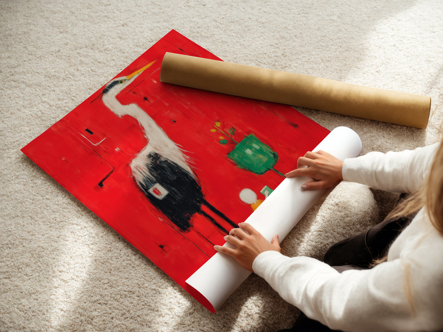A woman carefully rolls a fine art poster paper featuring the Heron Art. This poster paper captures the red abstract wall art. The modern bird artwork is printed with exceptional detail and clarity.
