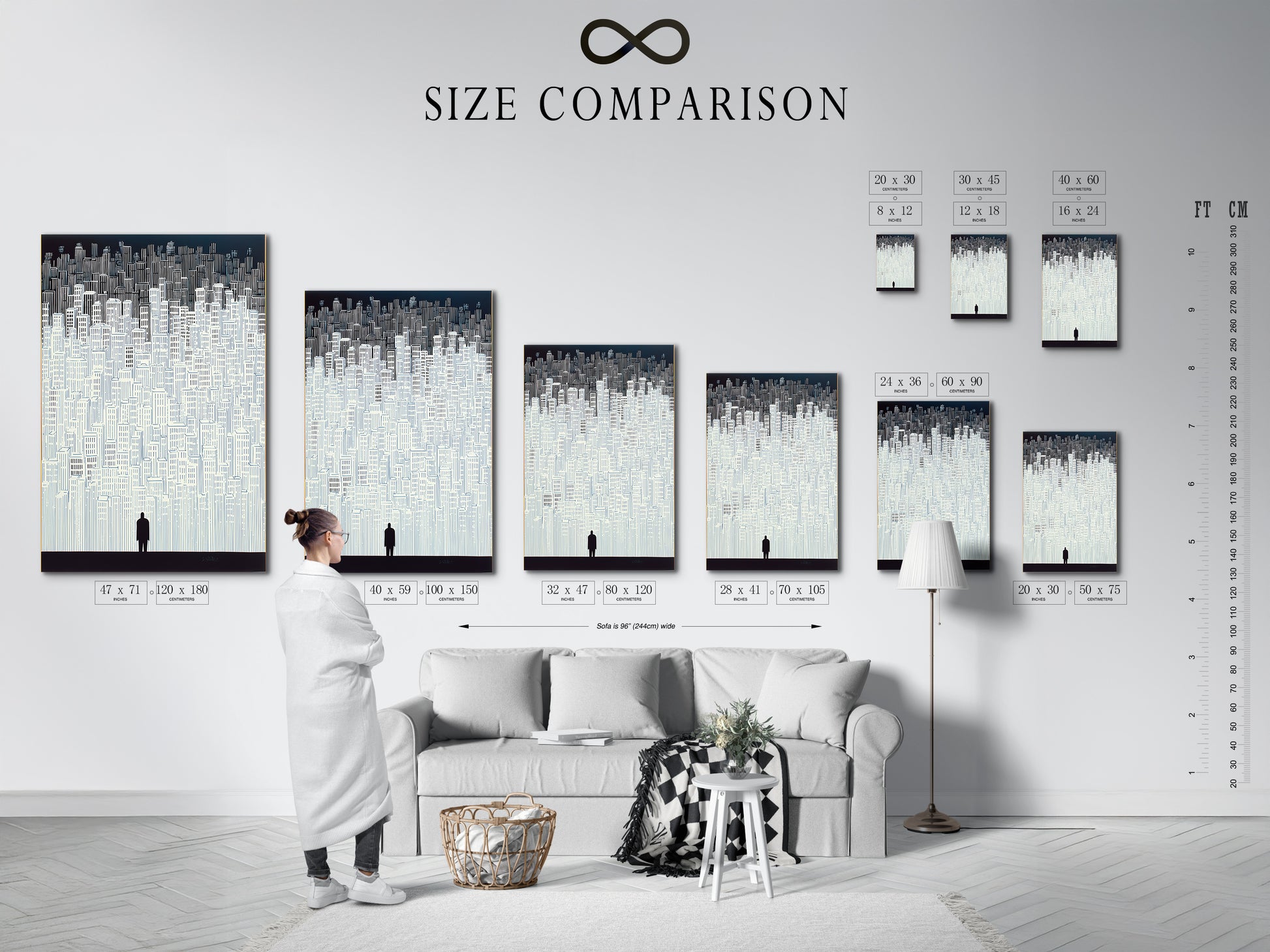 A size comparison chart is displayed in an interior setting. The chart showcases various sizes of the artwork. Perfect for visualizing how it will fit in your space. Choose the ideal size for your cityscape artwork. Enhance your decor with this modern art.