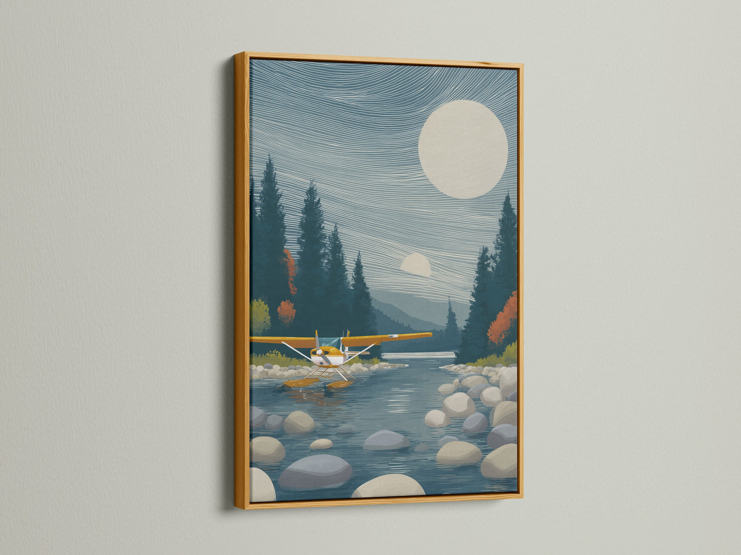 Seaplane canvas artwork in a gold frame. Lake landscape wall artwork for cabin decor. This modern aviation artwork adds a touch of luxury. Perfect for enhancing living rooms or offices. Elevate your space with this exquisite nature artwork.