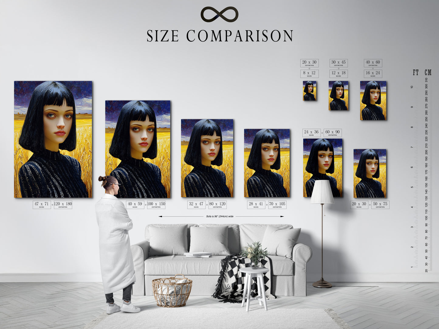 Size comparison chart of the art in an interior setting. See how this gothic portrait art fits your space. Dark moody art makes a statement. This contemporary woman painting is versatile modern portrait art.