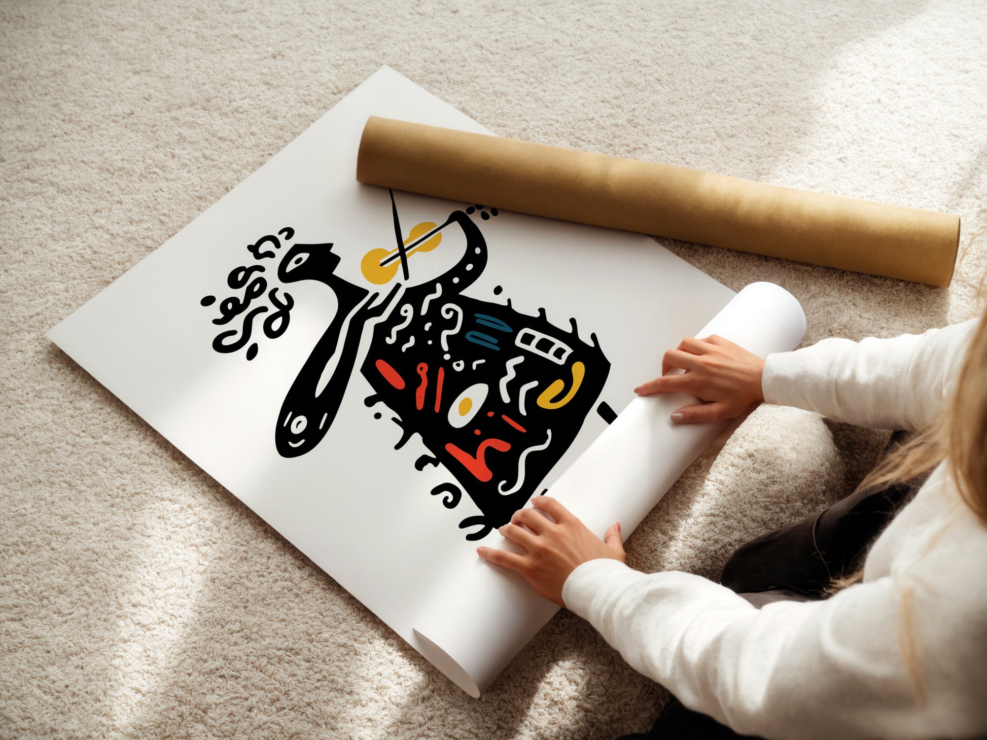 Woman carefully rolling fine art poster paper. The poster paper is high-quality. It ensures vibrant colors and sharp details. She is preparing the art for framing or display. Fine art poster paper is the perfect choice for art prints.
