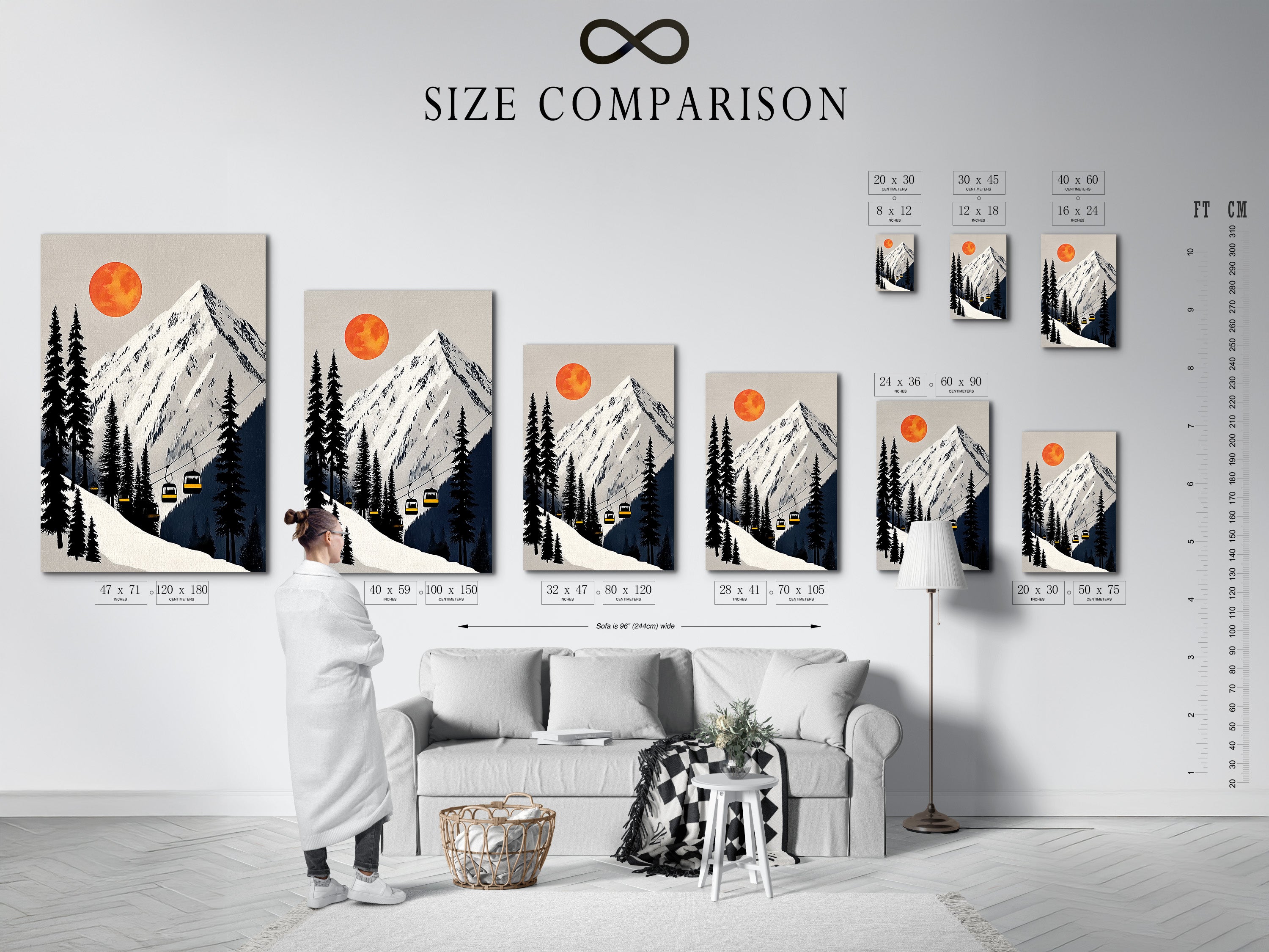 Size comparison chart in an interior setting. See how the mountain ski lift artwork fits. The chart helps visualize the perfect size for your space. This alpine landscape art complements the room. It is ideal for cabin decor or a ski lodge.