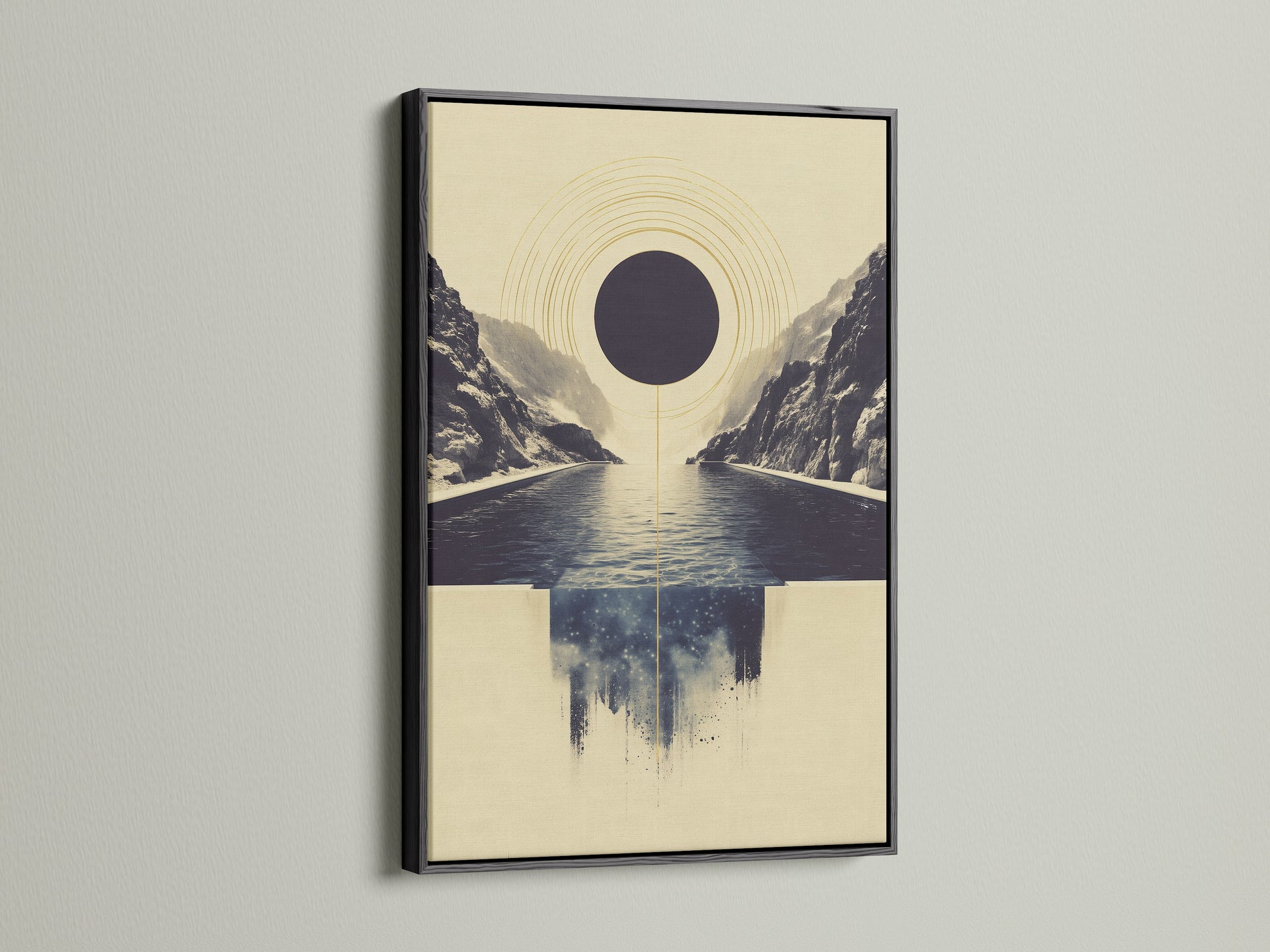 Abstract Infinity Pool artwork in a black frame. The black frame adds a bold and sophisticated touch. This geometric canvas print creates a striking modern look. Ideal for office wall art or living room decor. The serene artwork brings a calming ambiance.