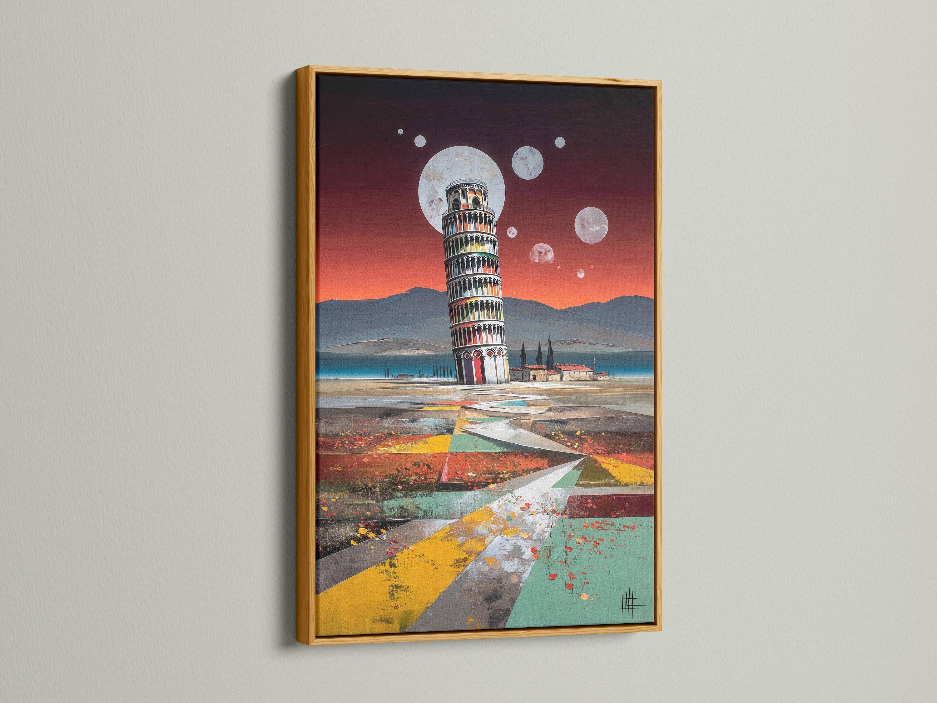 Add a touch of luxury to your artwork with a stunning gold frame. This frame brings warmth and elegance to any piece. Ideal for pisa tower art abstract landscape or architectural art. This frame will enhance your living room wall art bedroom wall decor or contemporary art. See how a gold frame enhances geometric abstract art.