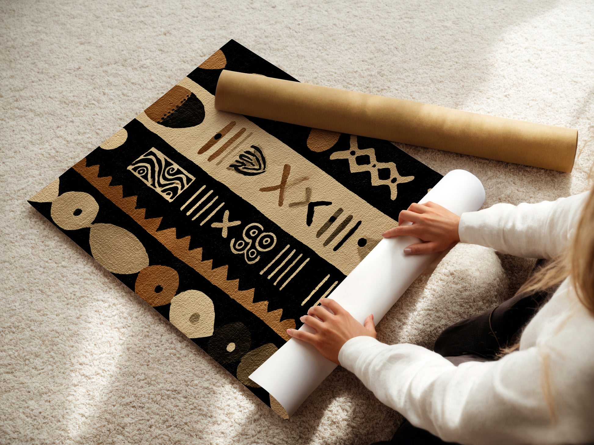 A woman carefully rolls a fine art poster paper. She is preparing it for shipping or framing. The poster is made of high-quality material. It ensures the artwork's preservation and longevity for collectors.
