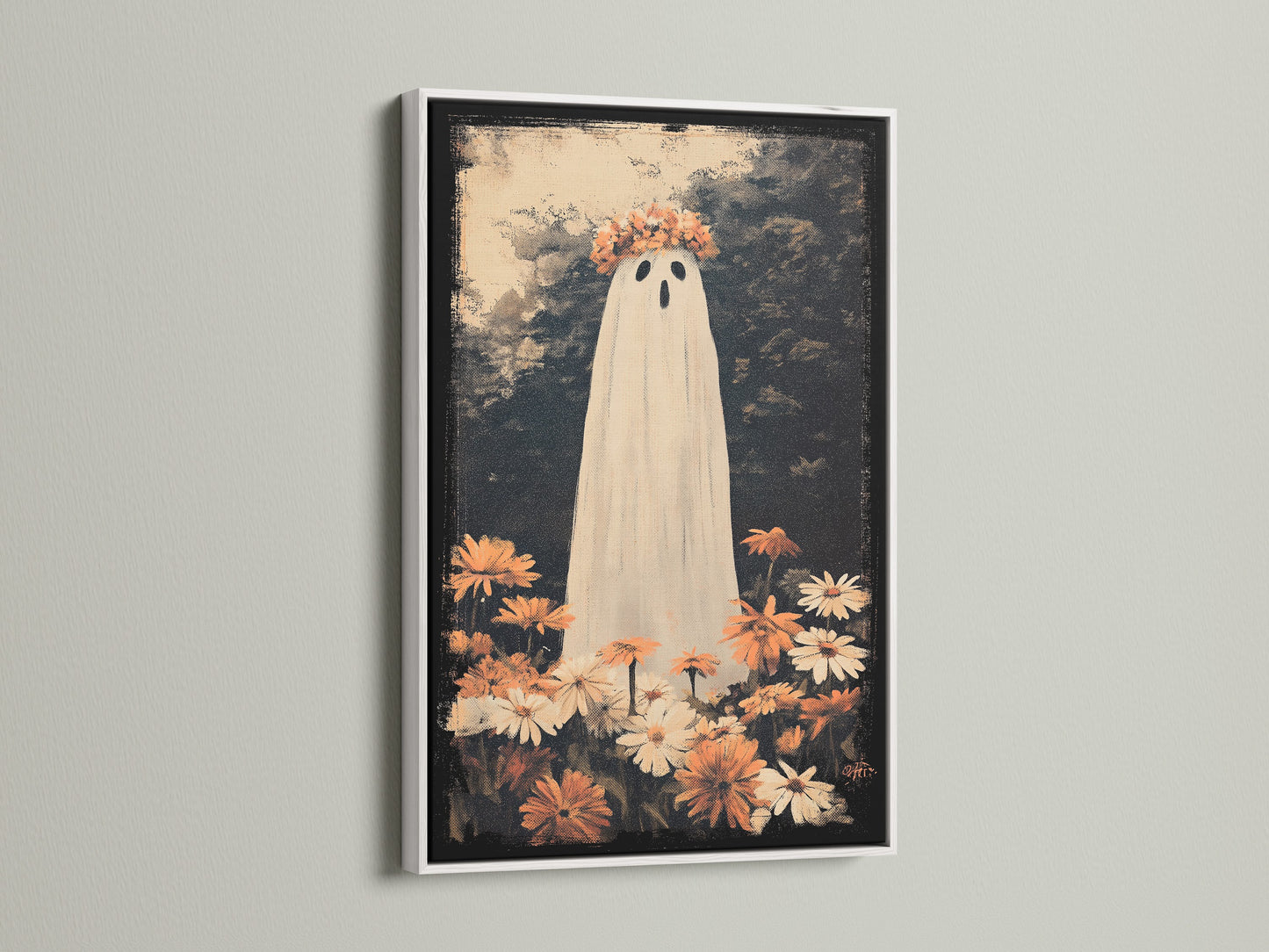 A modern white frame showcases a whimsical ghost artwork. The artwork features a ghost with flowers creating a playful contrast. The white frame offers a clean and contemporary look. Ideal for brightening up any space with a touch of spooky art. This frame highlights the artwork's unique charm.
