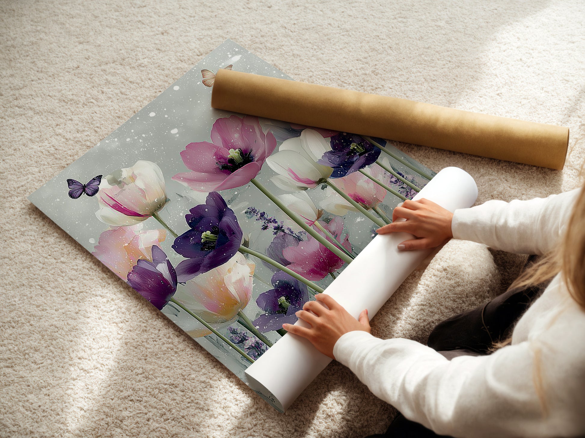 A woman carefully rolls a fine art poster paper. She is preparing it for framing or display. High-quality paper ensures your art looks its best. Protect your investment with proper handling. Explore fine art paper options today.
