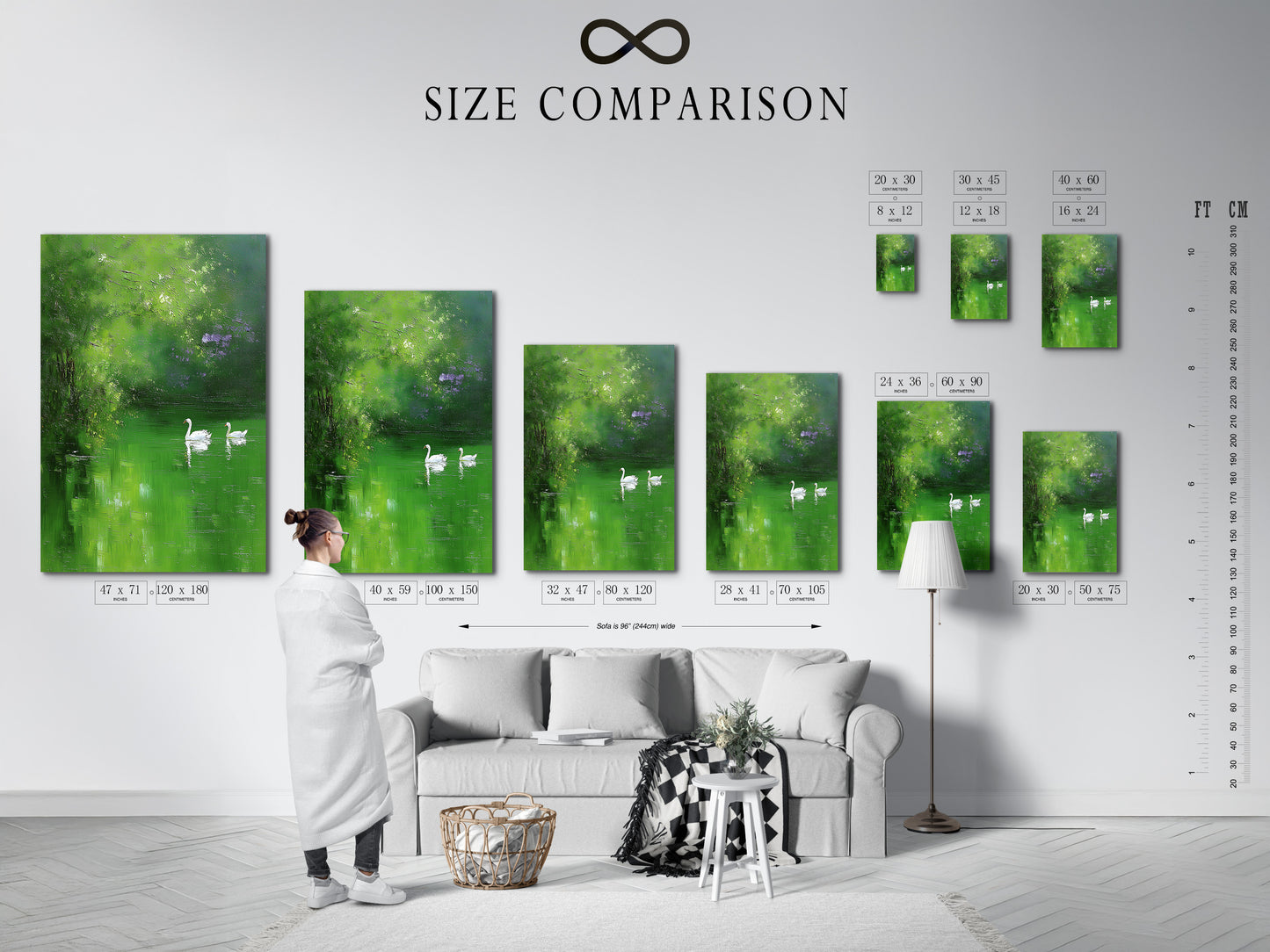 A size comparison chart is shown in an interior setting. Visualize the perfect size for your space. Our size chart helps you choose the right dimensions. Plan your art installation with confidence. Ensure the perfect fit with our size comparison guide.