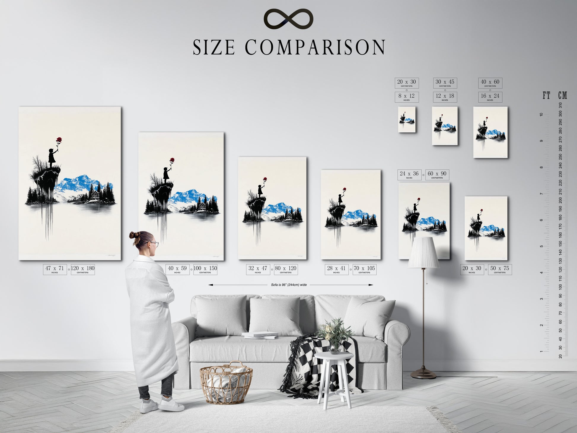 Size comparison chart in an interior setting. See how different sizes of artwork will look in your space. Visualize the perfect fit for your walls. Make informed decisions about artwork dimensions.