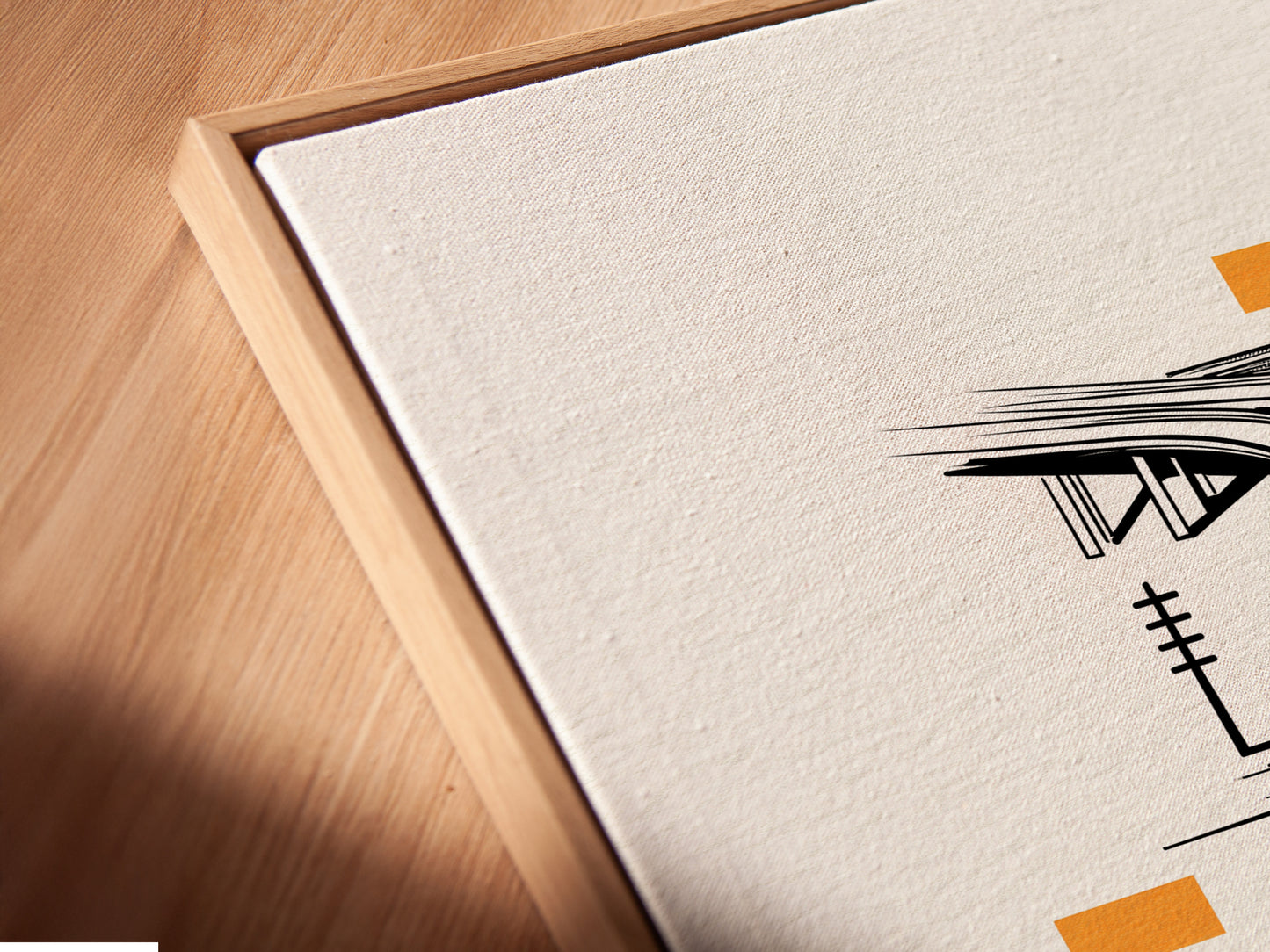 A close-up angled view captures a canvas print in a floating frame. The Highway Overpass artwork features an urban minimalist design. This modern cityscape print enhances any wall. The black and white geometric pattern adds a sophisticated touch. Perfect for modern interiors.