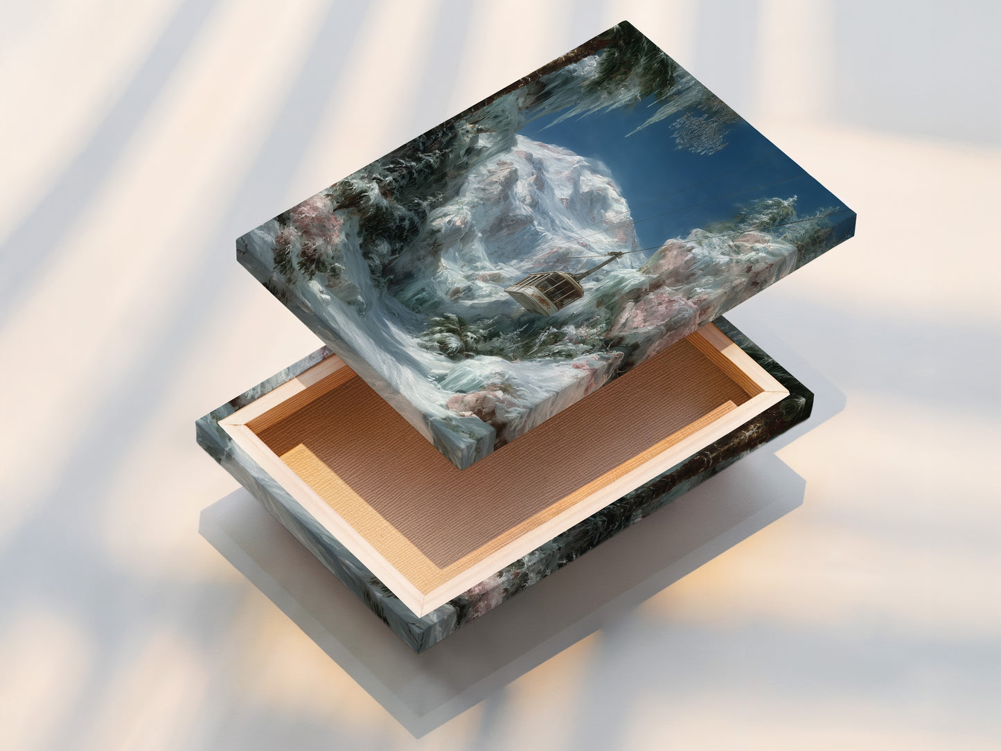 A stretched canvas print of the Winter Cabin artwork. It features a serene snowy mountain landscape. The stretched canvas is ready to hang. Perfect for adding a rustic touch to your living room.