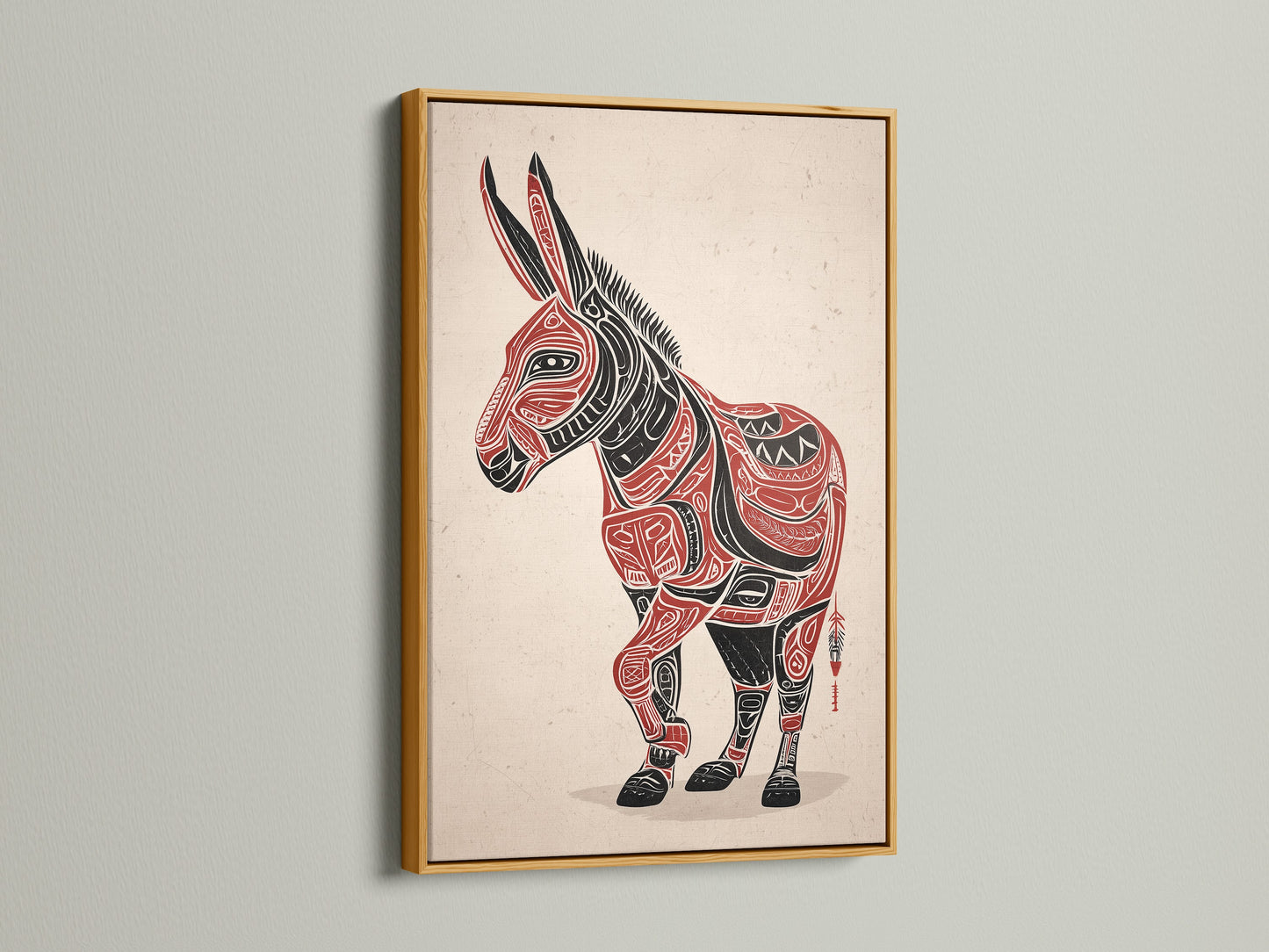A gold frame surrounds the Tribal Donkey art print. The gold enhances the ethnic wall art. The animal artwork is a focal point. The folk art print's red and black geometric animal is captivating. This tribal decor piece adds elegance. Southwestern art is a sophisticated choice.
