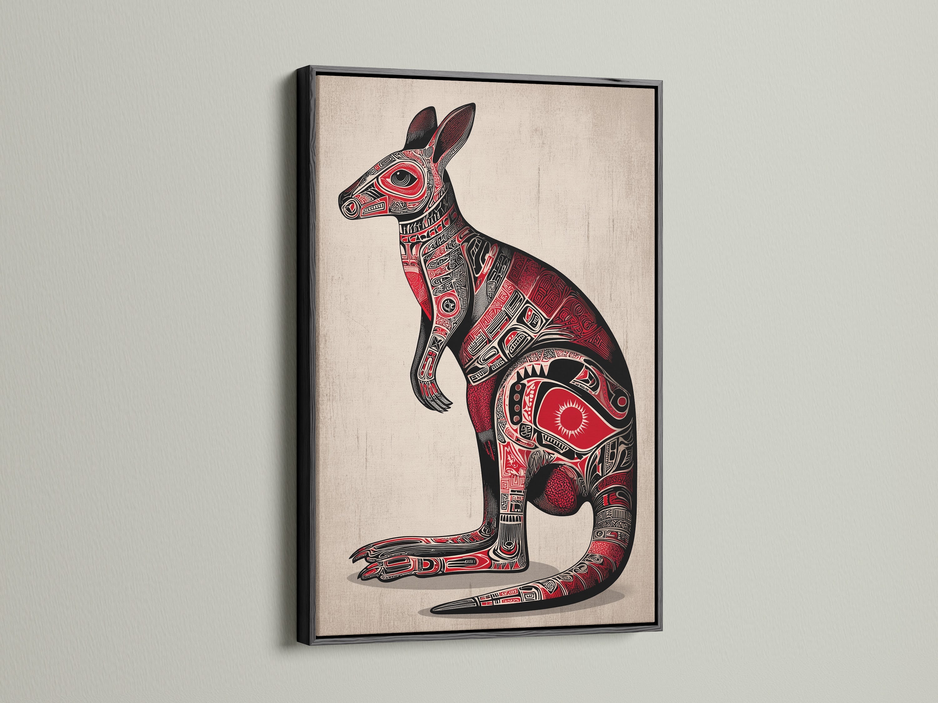 Aboriginal Kangaroo artwork is showcased in a black frame. The dark frame enhances the artwork's vibrant colors. The kangaroo features intricate aboriginal art patterns. The red and black hues create a striking visual. It's perfect for modern office wall decor.