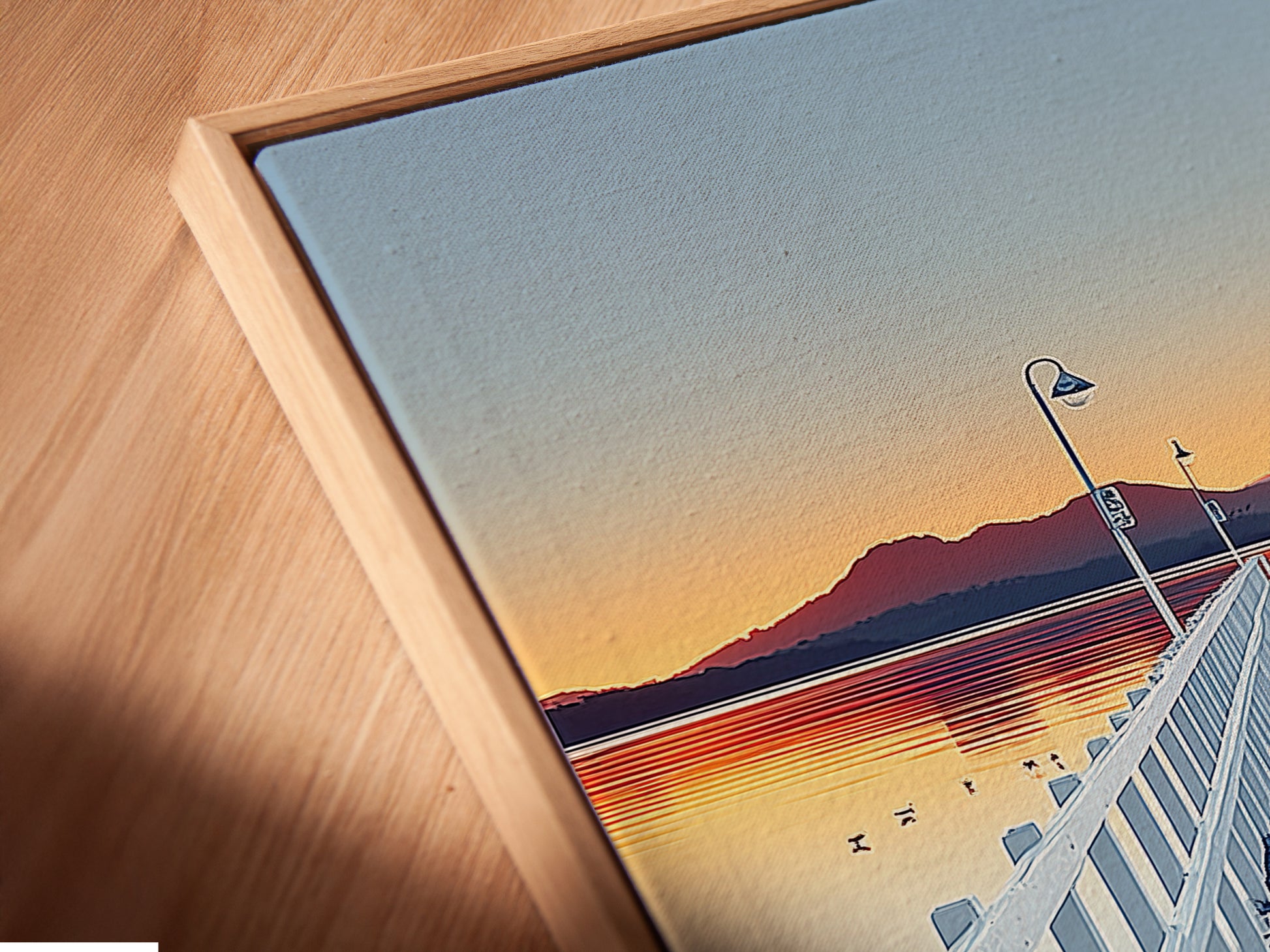 A close up of dock sunset artwork. This canvas print is in a floating frame. The floating frame enhances the coastal scenery photography. This enhances the seascape art in your home decor.