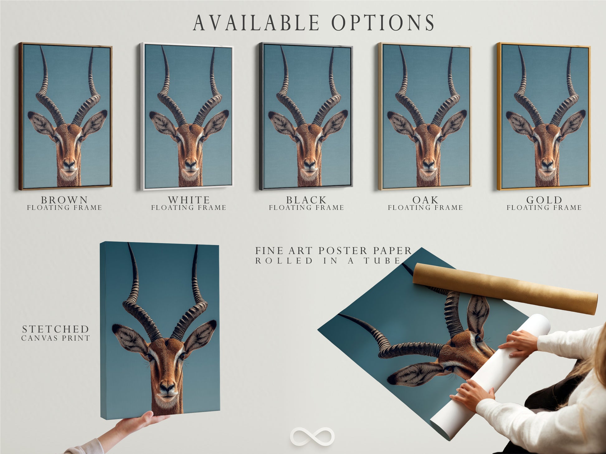 Available options are displayed. Choose from a stretched canvas print. Opt for fine art poster paper. You can also select a floating frame. Customize your artwork to fit your style.