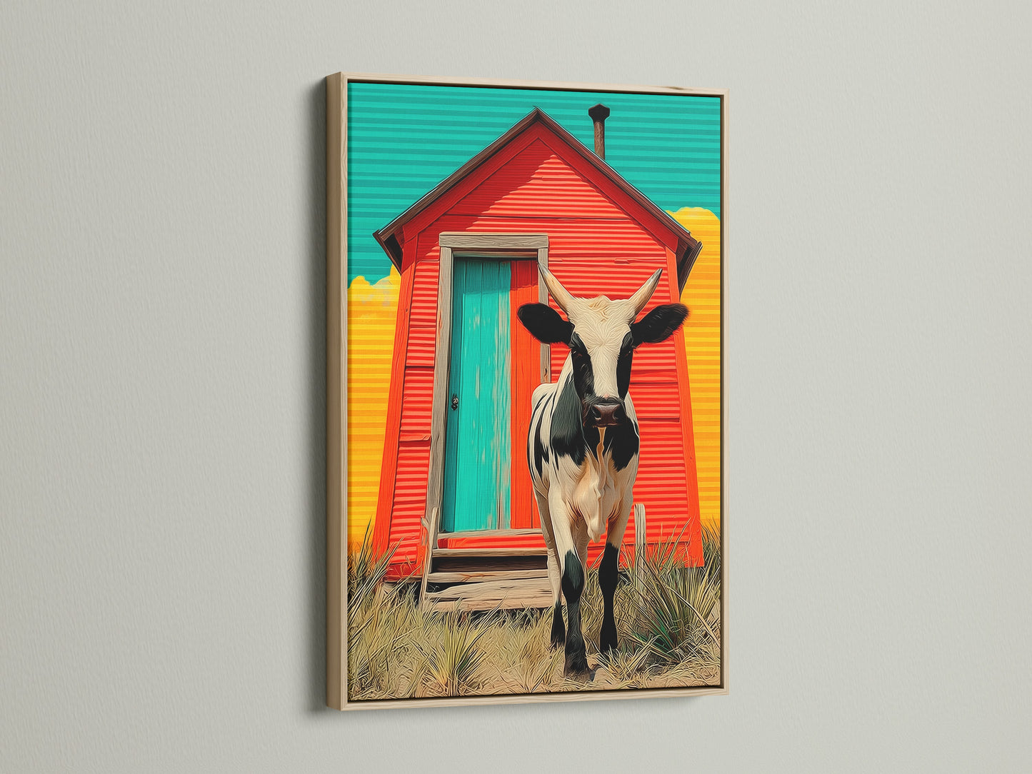 A captivating cow art print in an oak frame. This rustic wall art piece brings country charm. The oak frame enhances the barn animal artwork. Perfect farmhouse decor for your kitchen. Add a touch of rural art to your home.