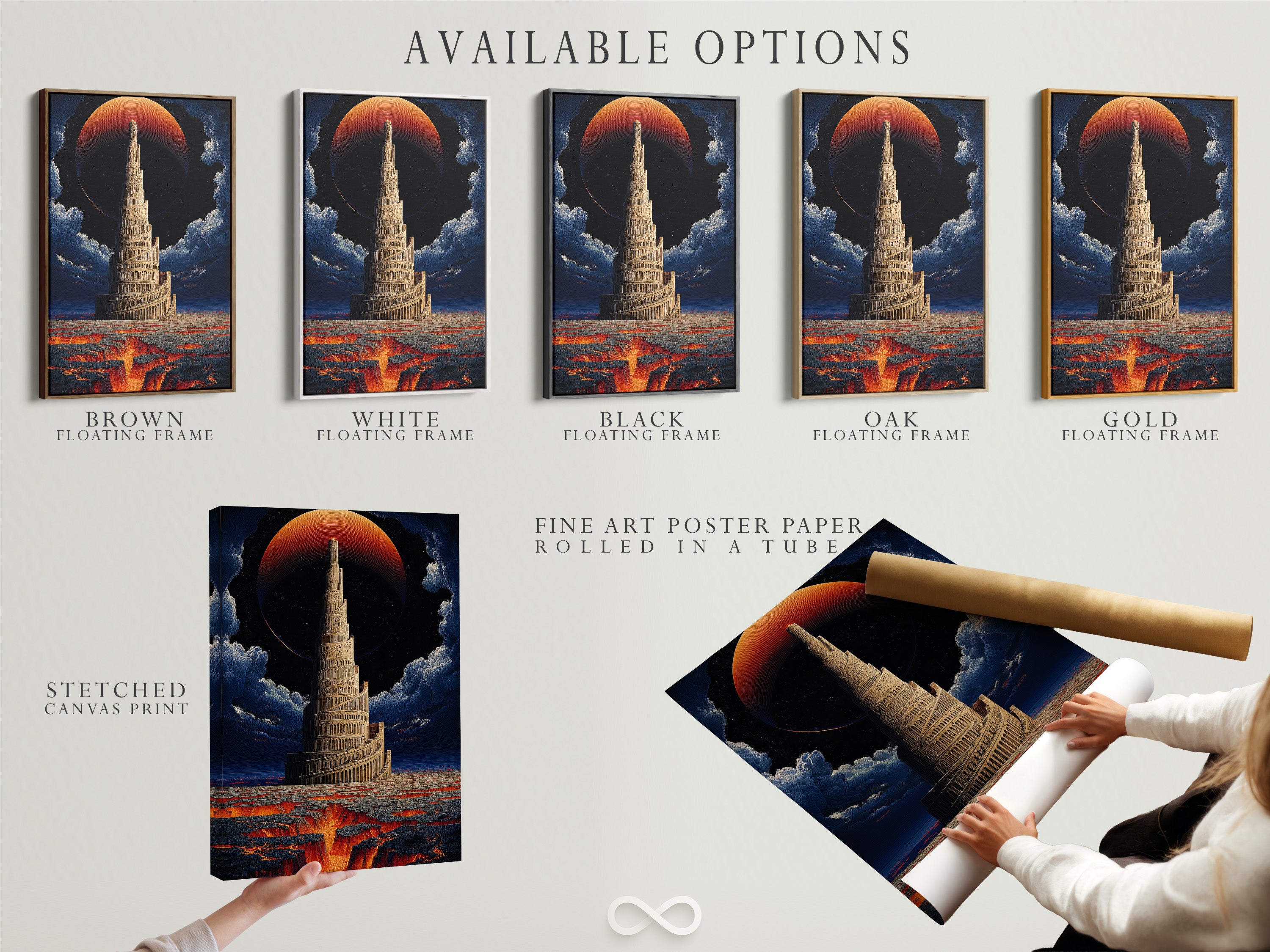 Explore available options for the Tower of Babel artwork. Choose between a stretched canvas print fine art poster paper or floating frame. Each option enhances the surreal fantasy art. Perfect for adding biblical decor to your space.