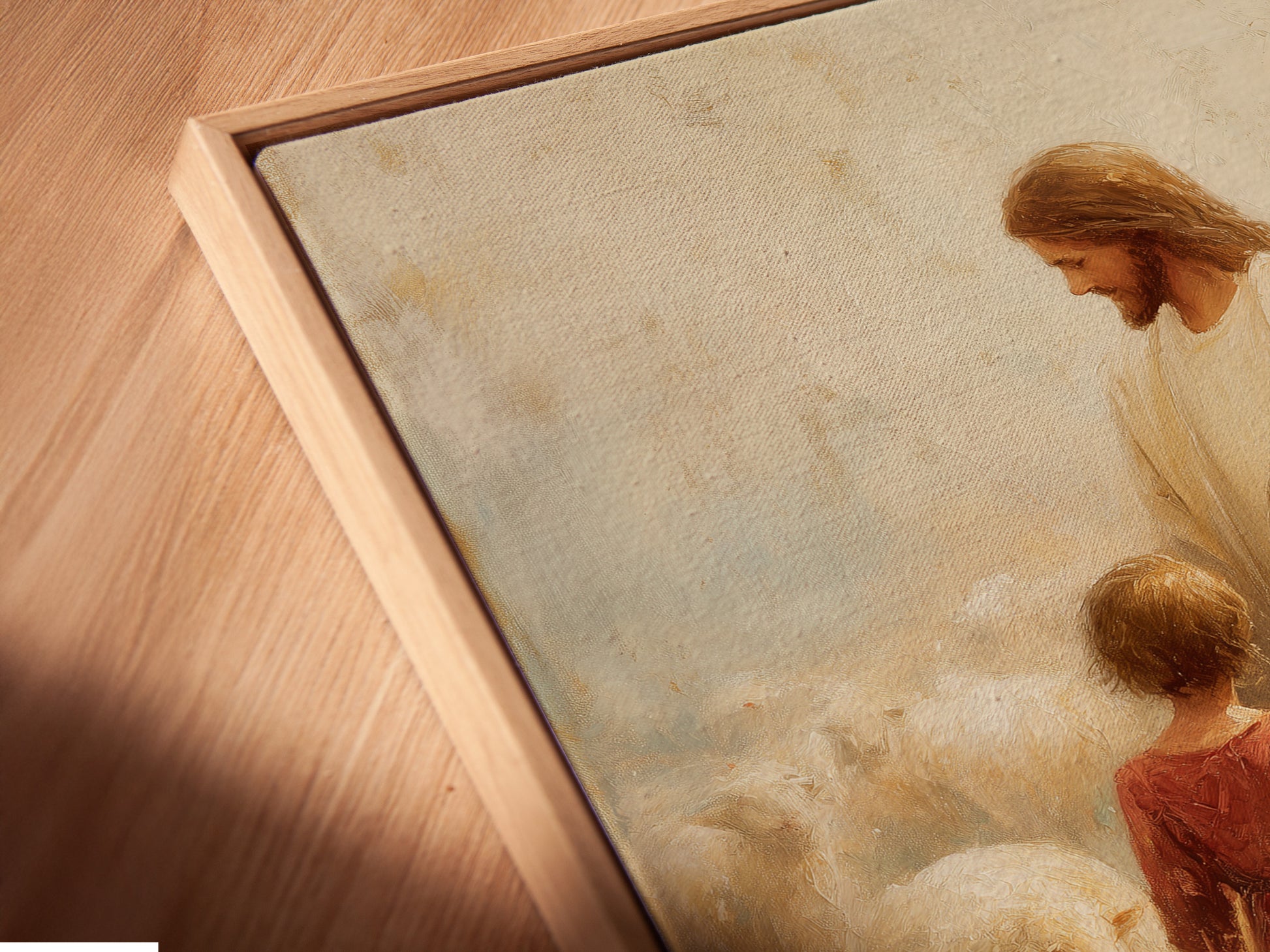 A close-up view of a canvas print in a floating frame. The floating frame gives the illusion that the artwork is floating. The artwork is set apart from the wall. This modern framing style adds depth and sophistication to any piece. It offers a unique display option.