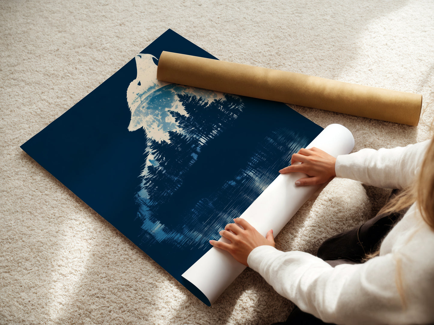 A woman rolls a fine art poster paper. This paper showcases the wolf silhouette. This navy blue nature artwork is ideal for creating wall art. Available as a stretched canvas print or floating frame.