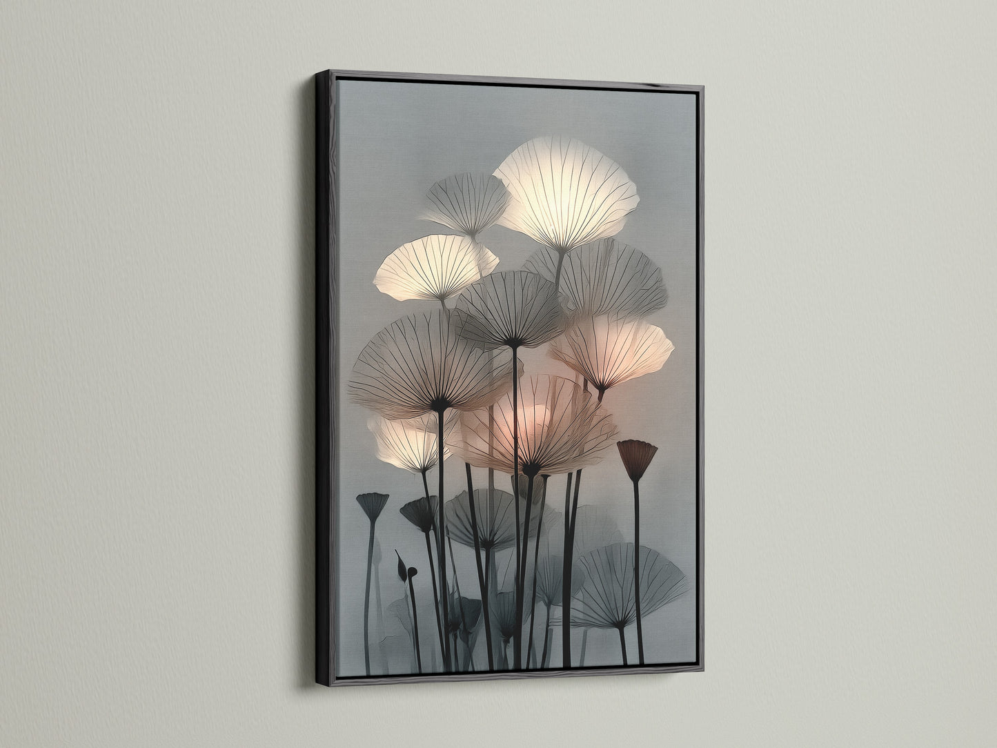 Botanical canvas print with a sleek black frame. This modern plant artwork enhances your space. The abstract wall art is perfect as living room art. This flower canvas uses neutral tones. It's a stylish choice for bedroom wall decor and minimalist art.